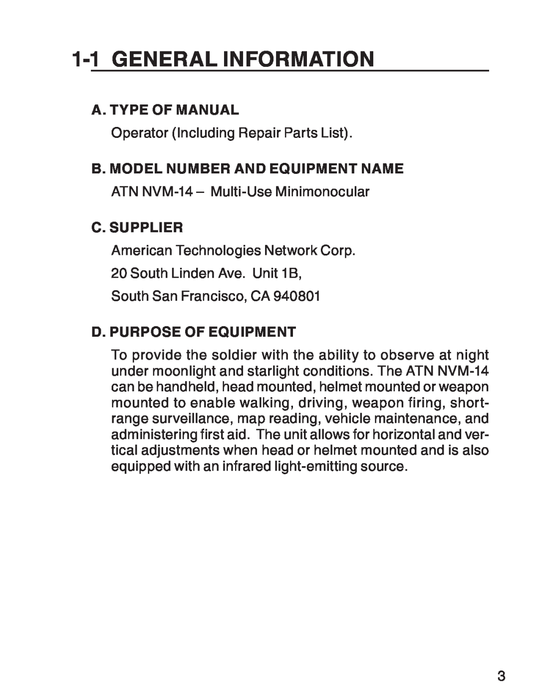 ATN 3 General Information, a. Type of Manual, b. Model Number and Equipment Name, c. Supplier, d. Purpose of Equipment 