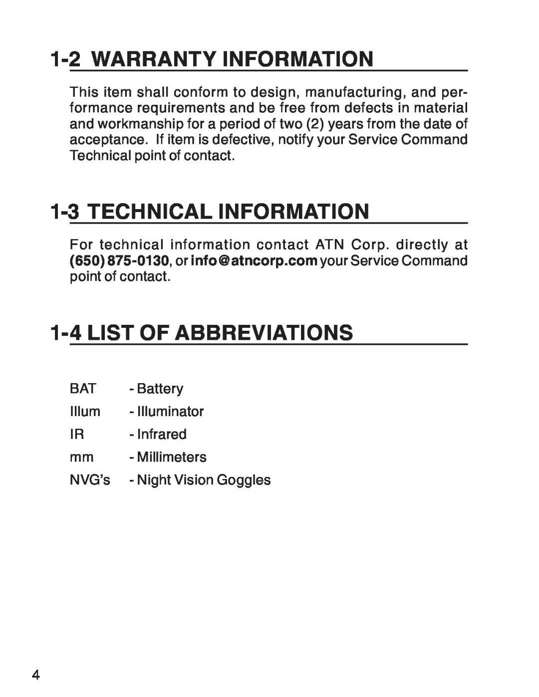 ATN 3 manual Warranty Information, Technical Information, List Of Abbreviations 