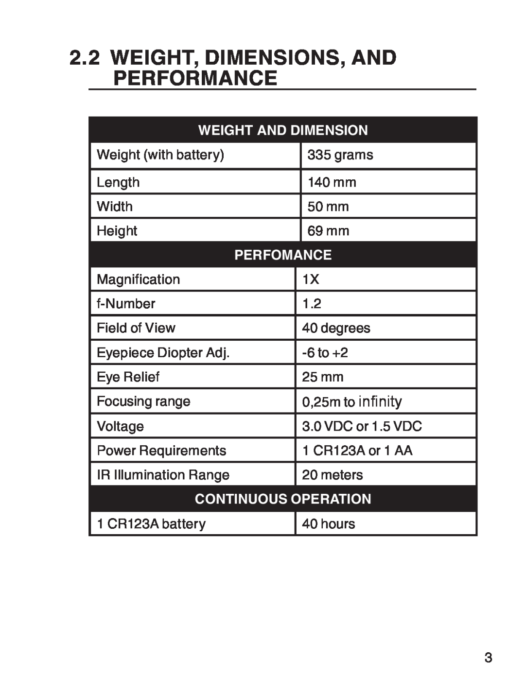 ATN 3 manual Weight, Dimensions, And Performance, Weight and Dimension, Perfomance, Continuous Operation 