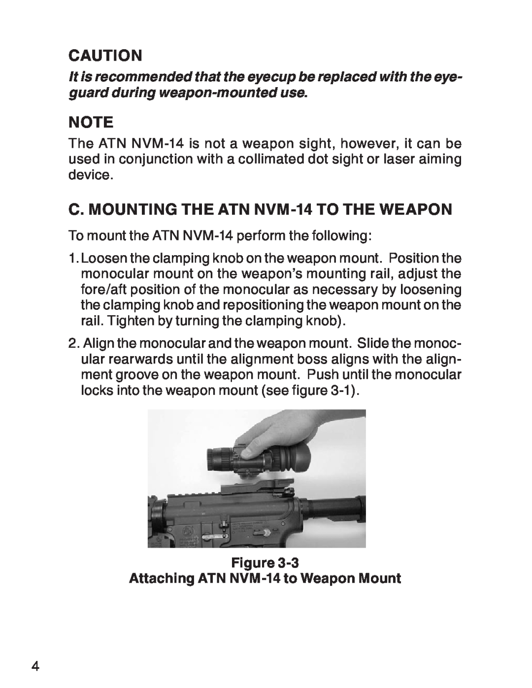 ATN 3 manual C. Mounting the ATN NVM-14 to the weapon, Attaching ATN NVM-14 to Weapon Mount 