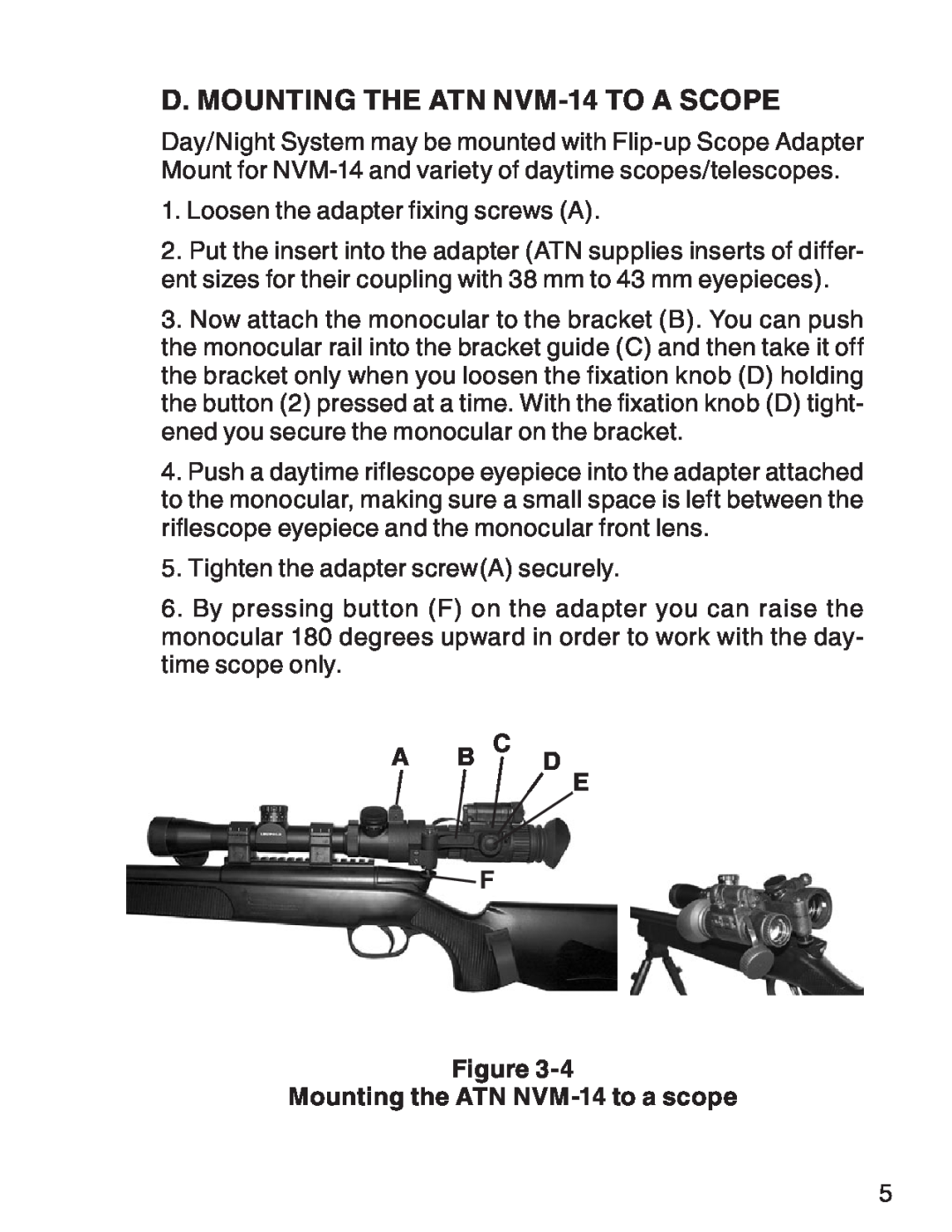 ATN 3 manual D. Mounting the ATN NVM-14 to a scope, A B C D E F 