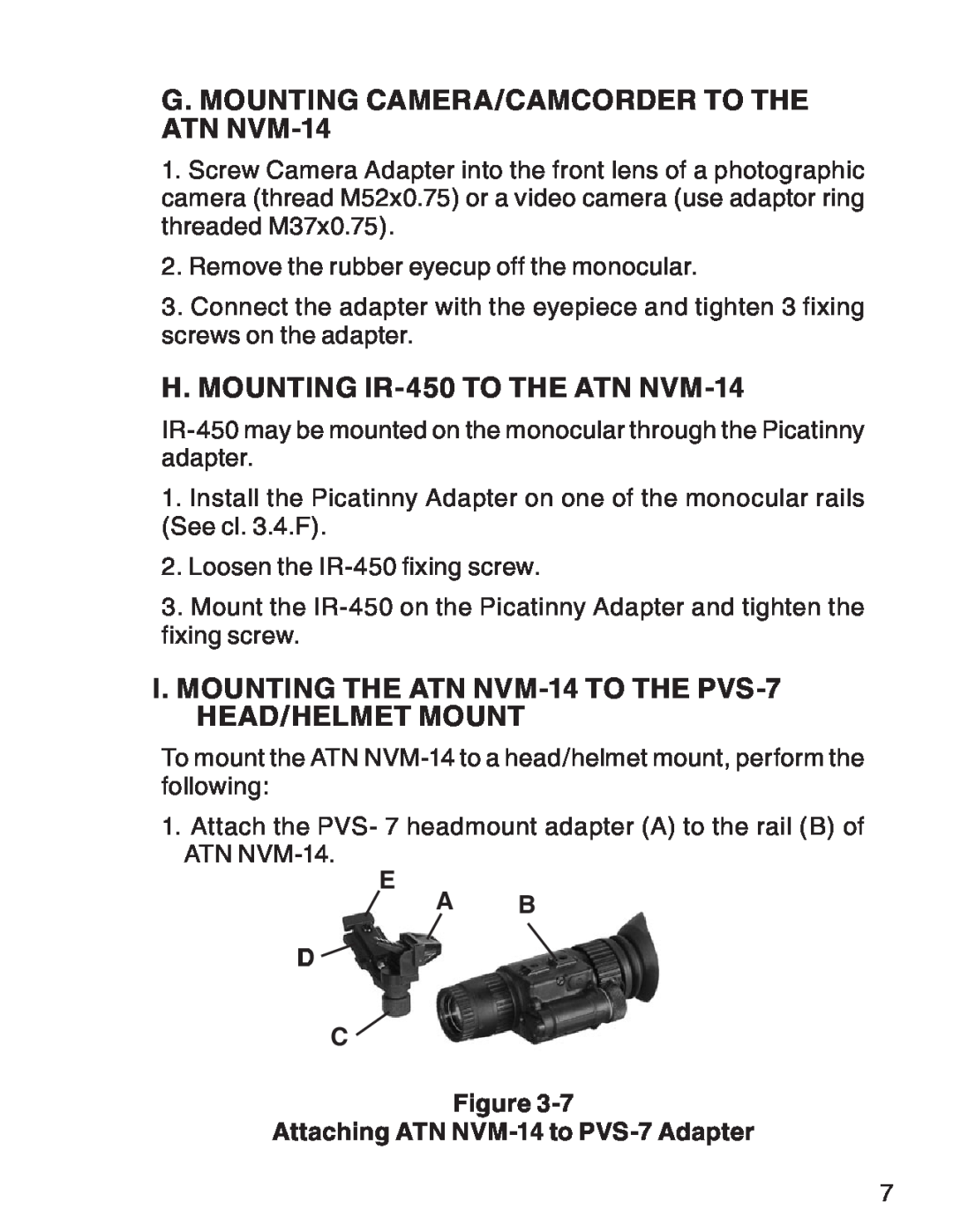 ATN 3 manual G. Mounting Camera/Camcorder to the ATN NVM-14, H. Mounting IR-450 to the ATN NVM-14, E D C 