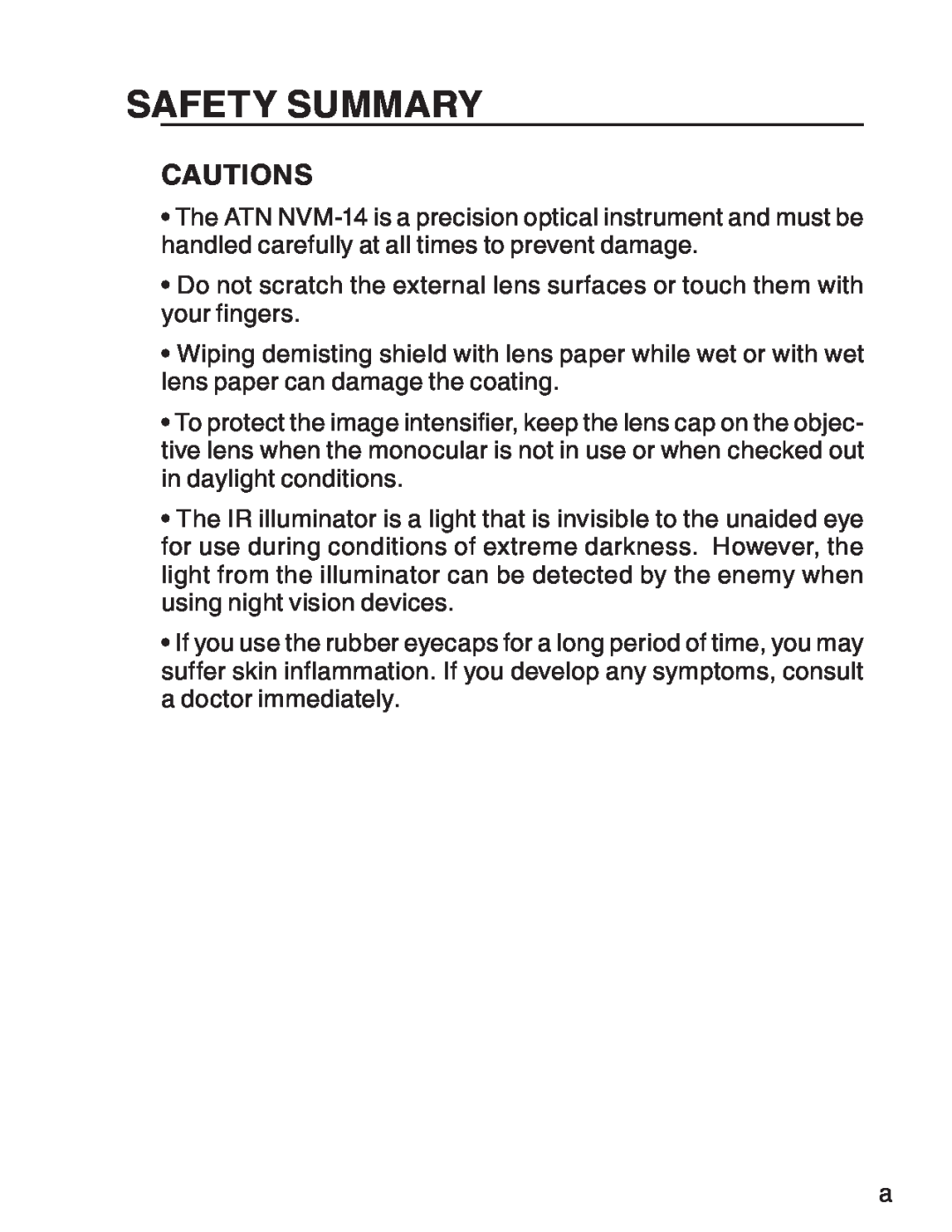 ATN 3 manual Safety Summary, Cautions 