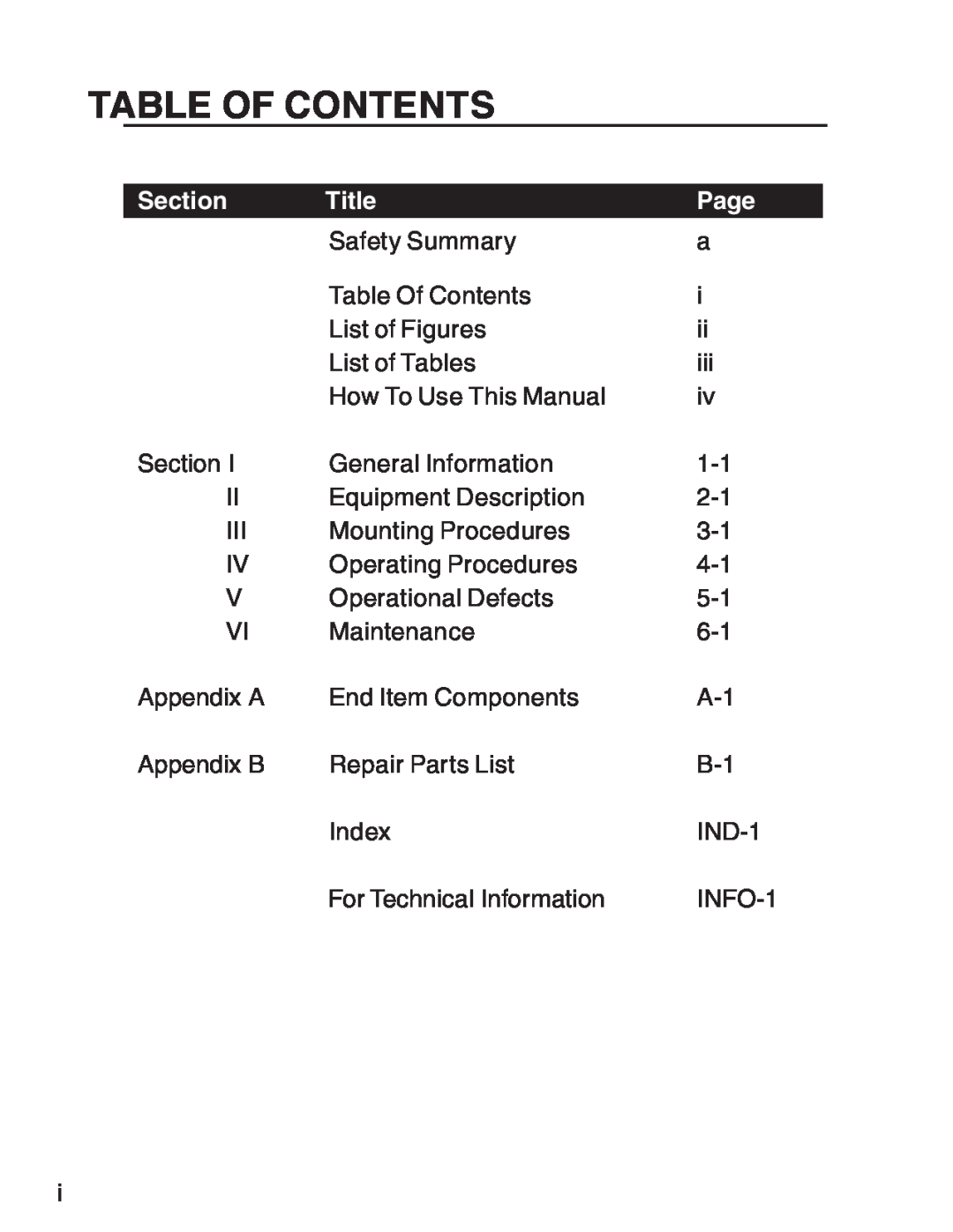 ATN 3 manual Table Of Contents, Section, Title, Page 