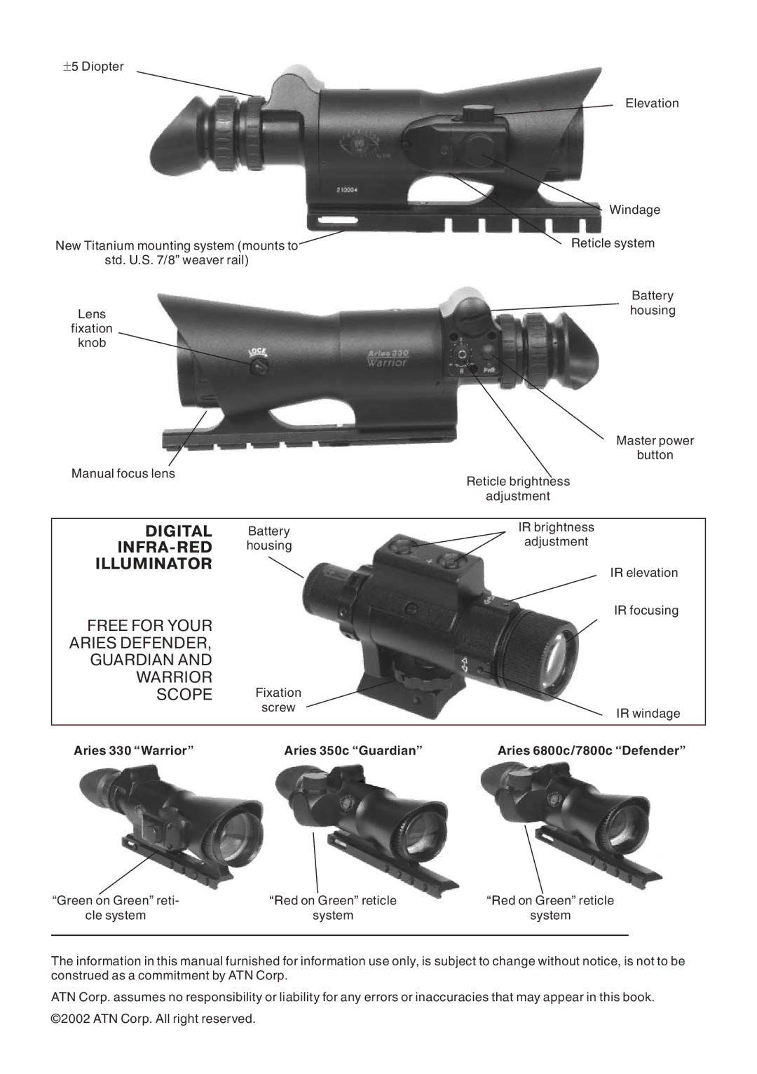 ATN 7800c, 6800c, 350c, 330 manual Digital INFRA-RED Illuminator, Free for Your Aries DEFENDER, Guardian and Warrior Scope 