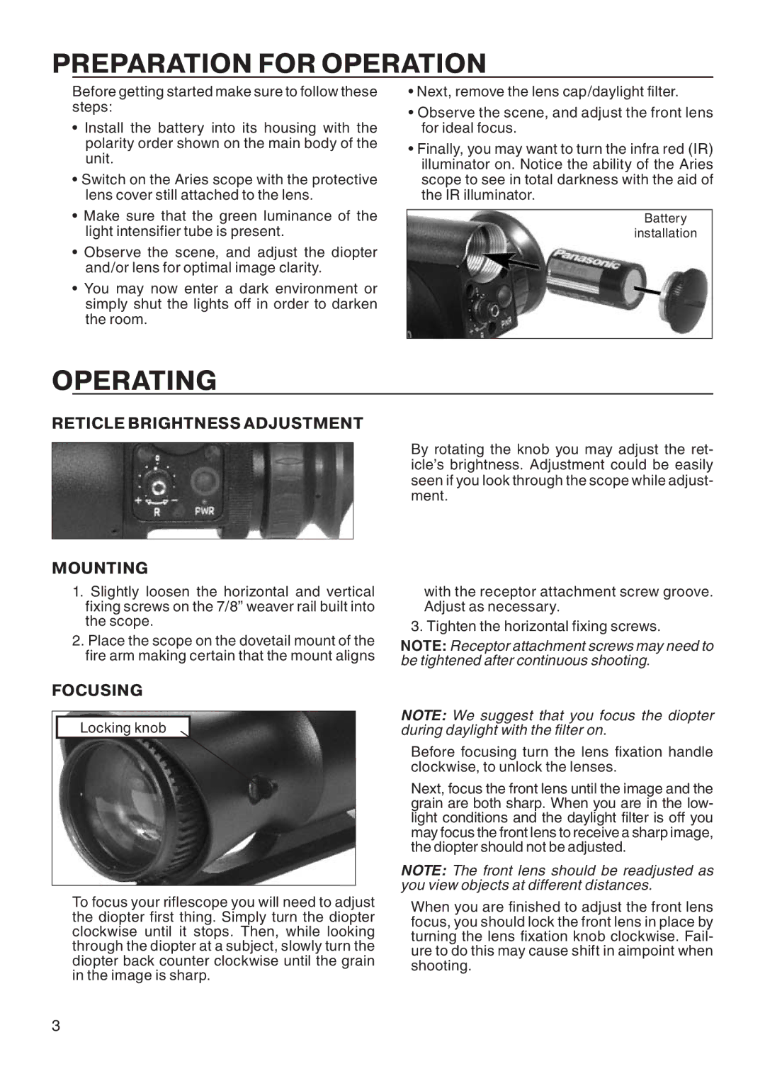 ATN 6800c, 350c, 7800c, 330 manual Preparation for Operation, Operating, Reticle Brightness Adjustment, Mounting, Focusing 