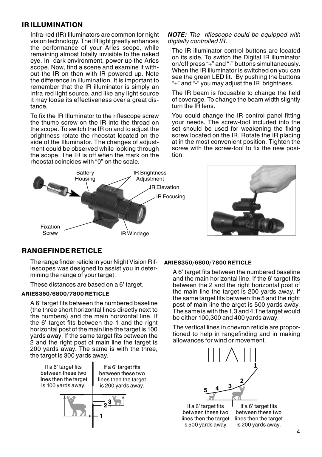 ATN 350c, 6800c, 7800c, 330 manual IR Illumination, Rangefinde Reticle 