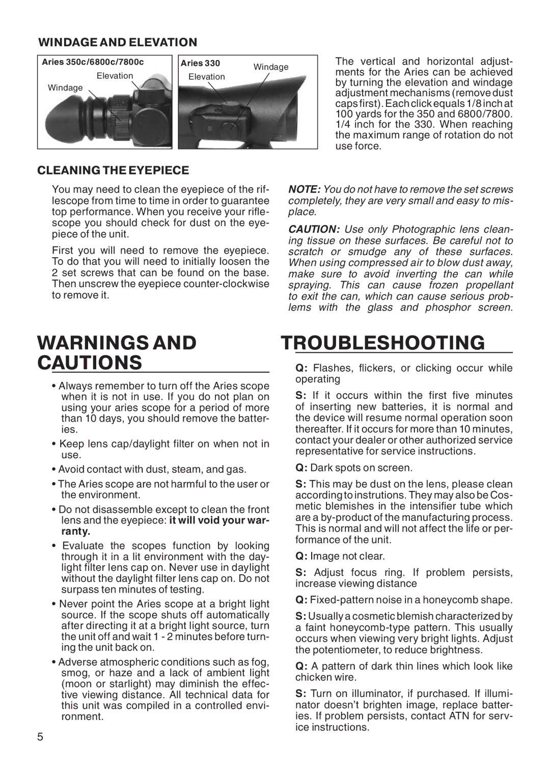 ATN 7800c, 6800c, 350c, 330 manual Troubleshooting, Windage and Elevation, Cleaning the Eyepiece 