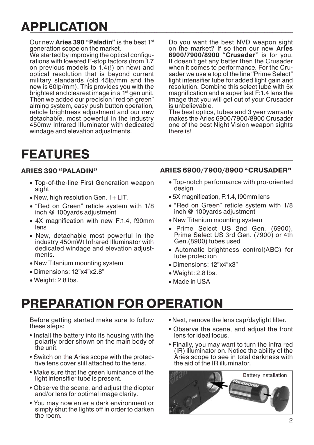 ATN Aries 390 manual Application, Features, Preparation for Operation 