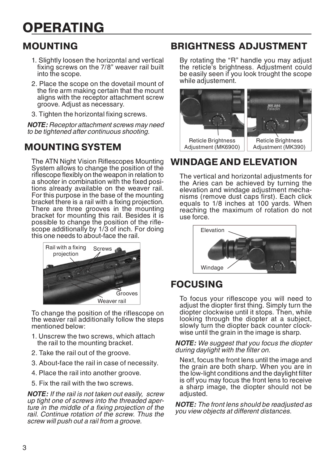 ATN Aries 390 manual Operating, Mounting Brightness Adjustment, Mounting System, Windage and Elevation, Focusing 