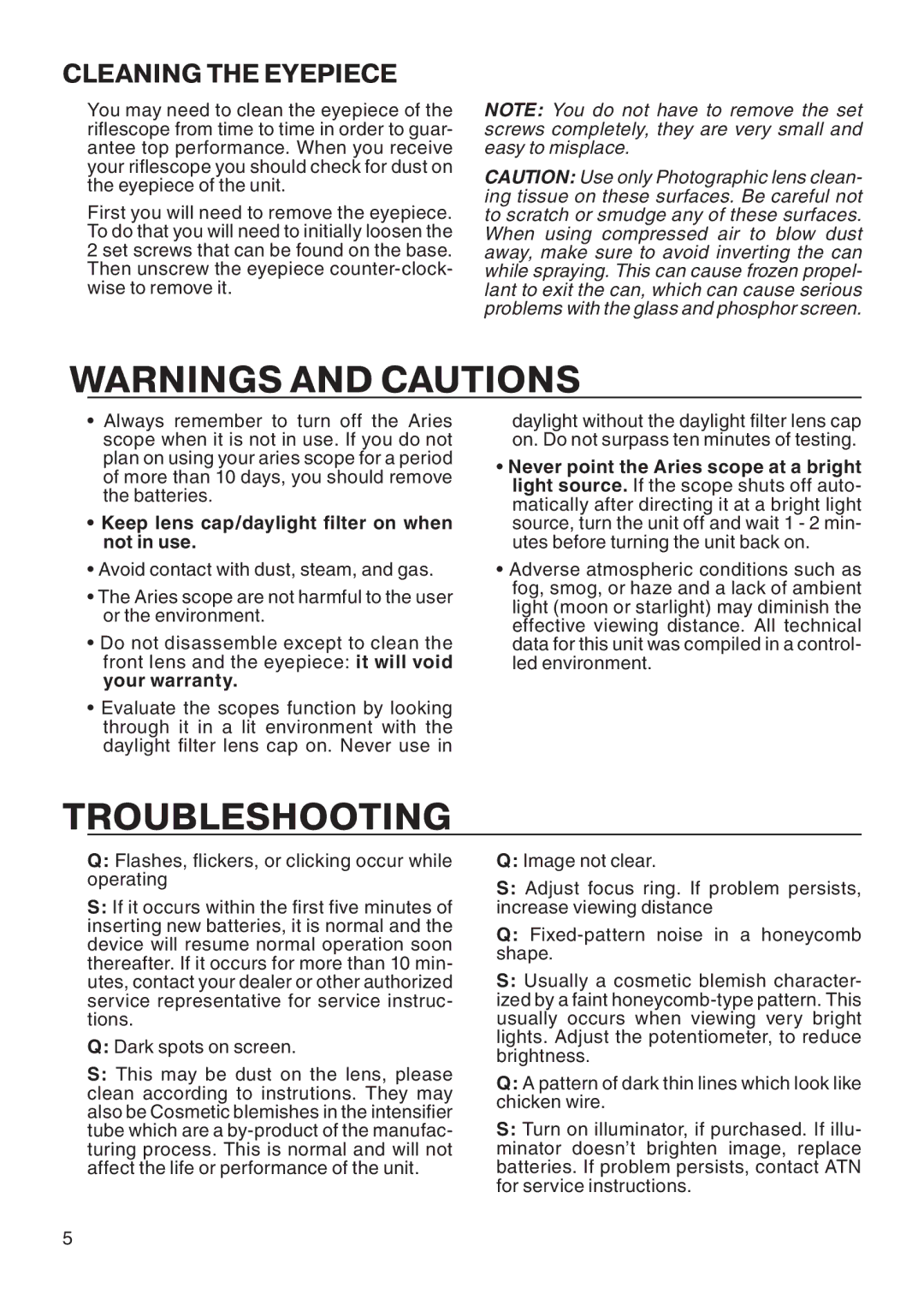 ATN Aries 390 manual Troubleshooting, Cleaning the Eyepiece 