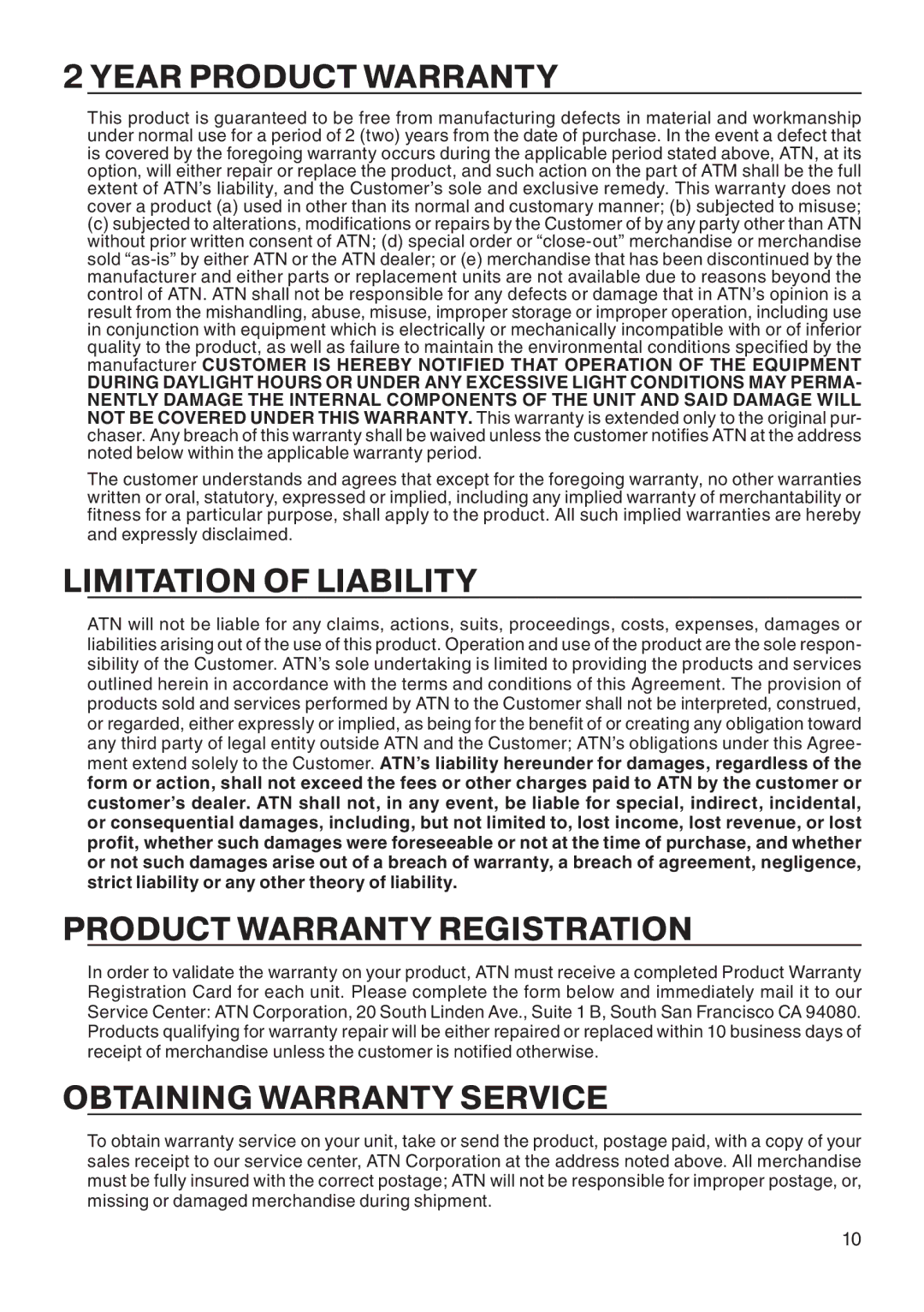 ATN ATN 2-6x65 DNS manual Year Product Warranty, Limitation of Liability, Product Warranty Registration 