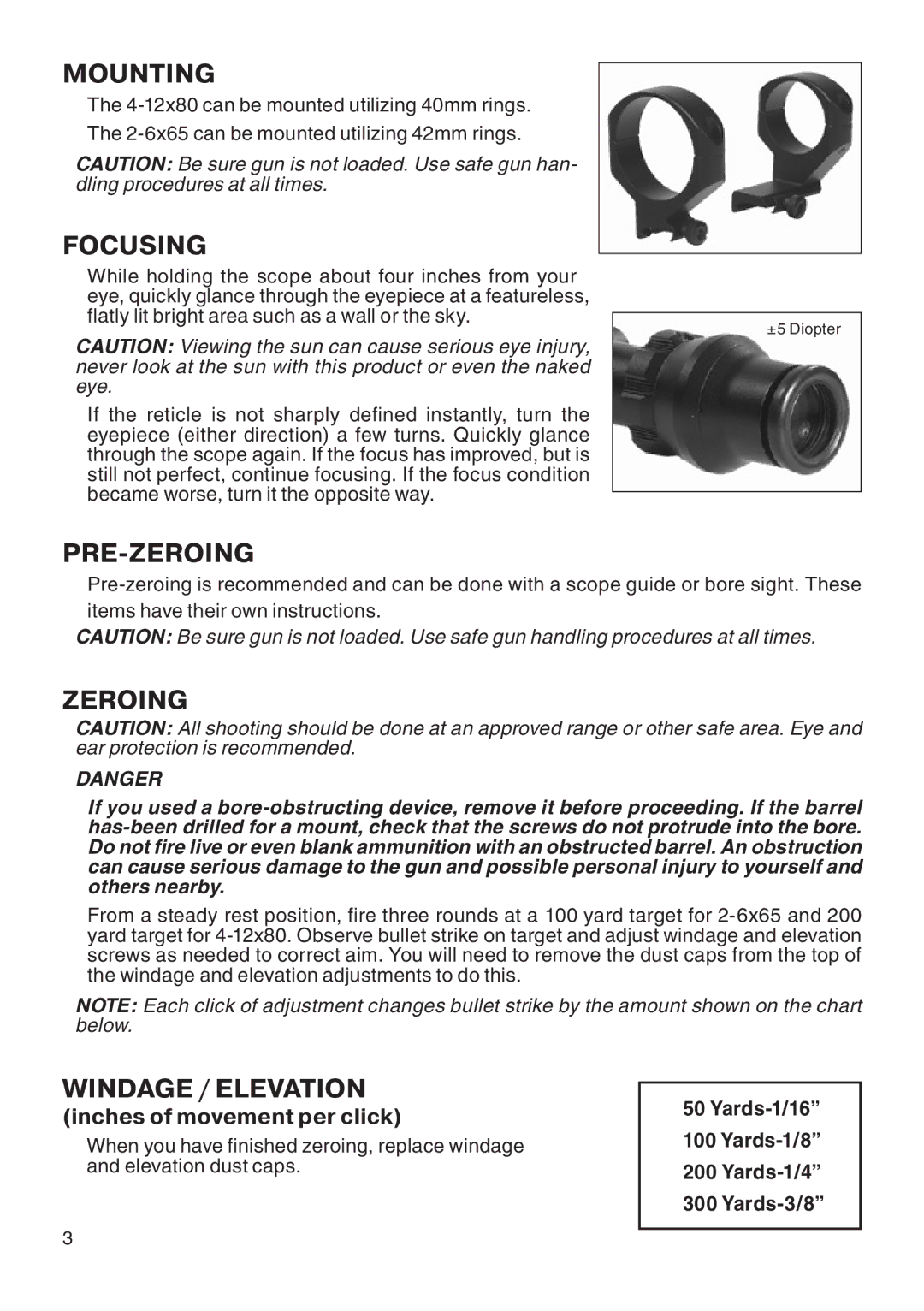 ATN ATN 2-6x65 DNS manual Mounting, Focusing, Pre-Zeroing, Windage / Elevation 