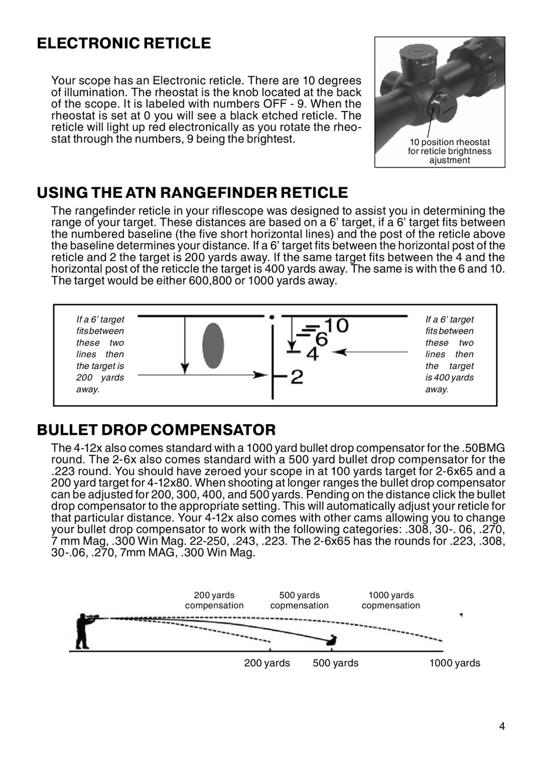 ATN ATN 2-6x65 DNS manual Electronic Reticle, Using the ATN Rangefinder Reticle, Bullet Drop Compensator 