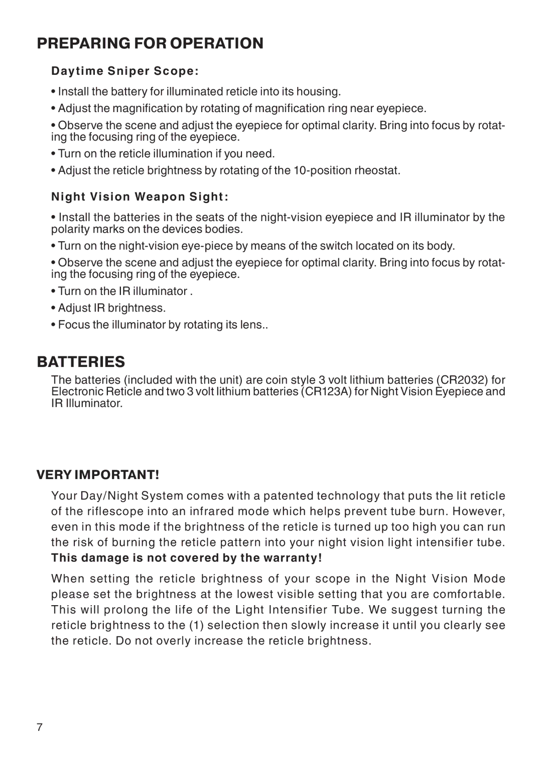 ATN ATN 2-6x65 DNS manual Preparing for Operation, Batteries 