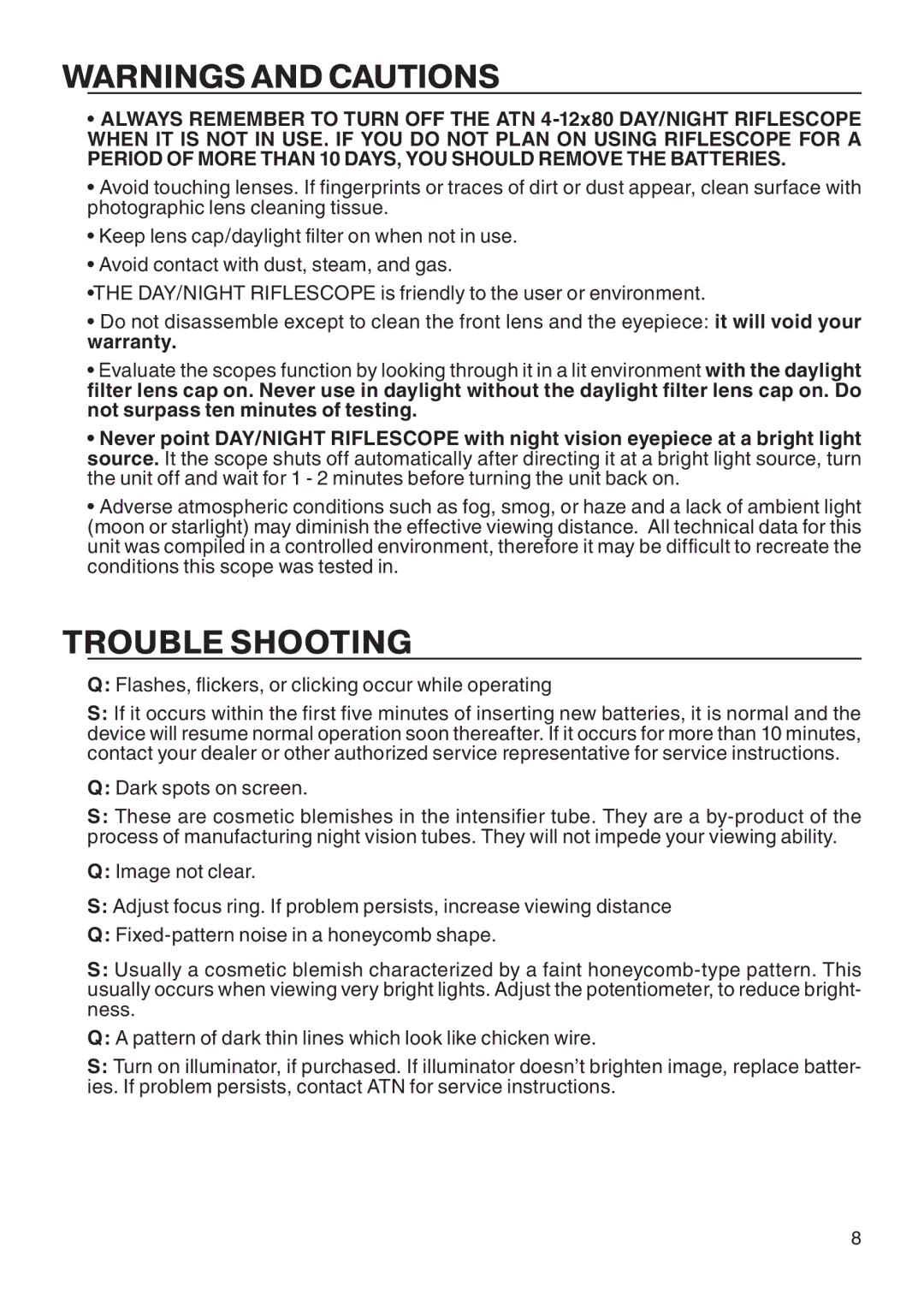 ATN ATN 2-6x65 DNS manual Trouble Shooting, Flashes, flickers, or clicking occur while operating 