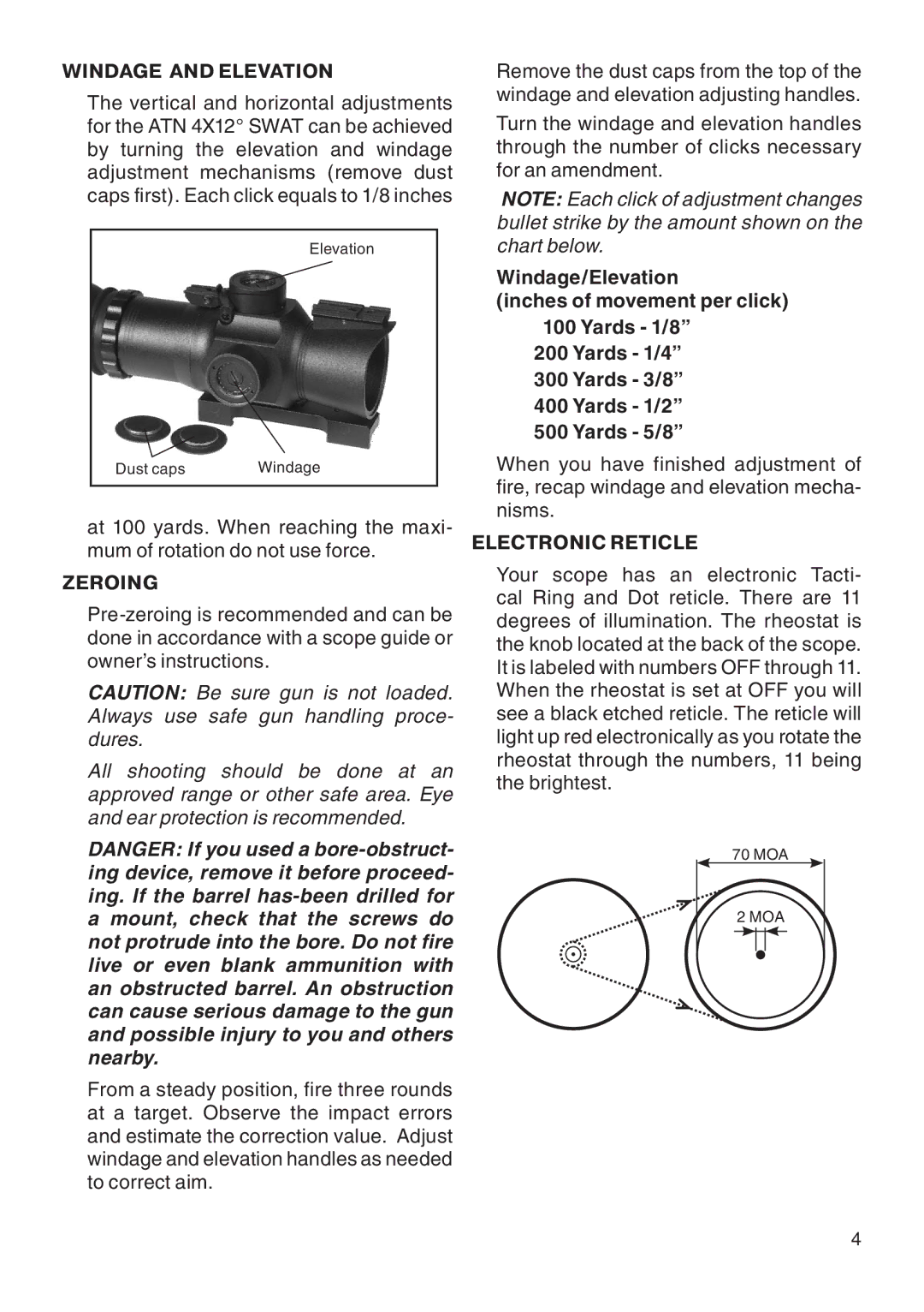 ATN ATN 4X12 manual Windage and Elevation, Zeroing, Electronic Reticle 