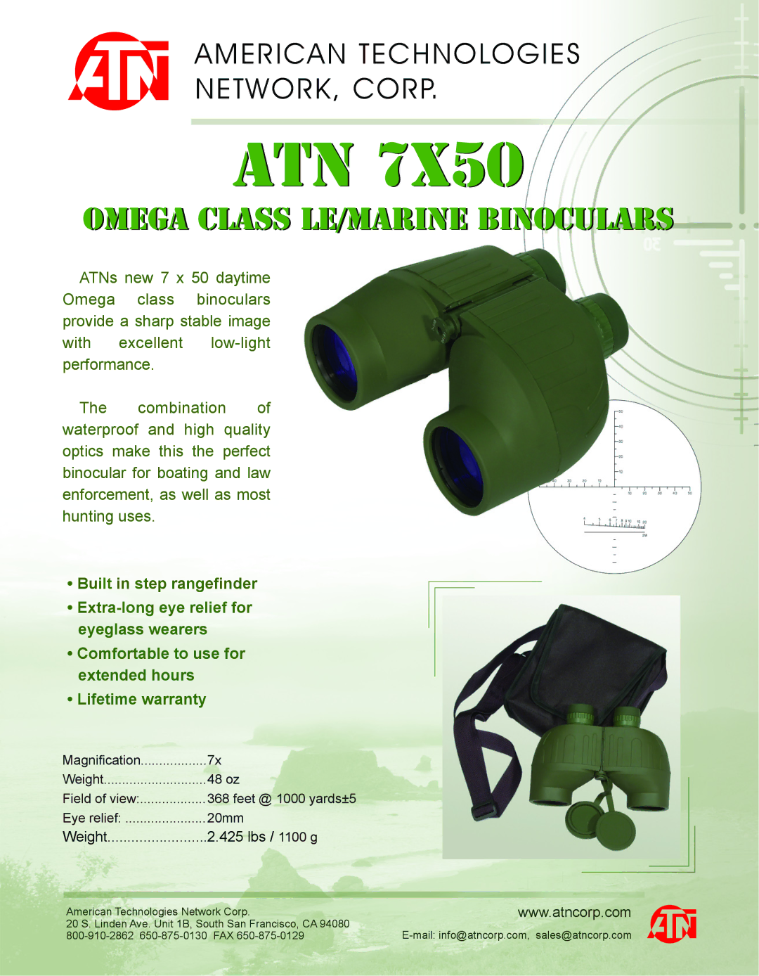 ATN ATN 7X50 warranty Atn, Omega Class LE/MARINE Binoculars, Weight Lbs / 1100 g 