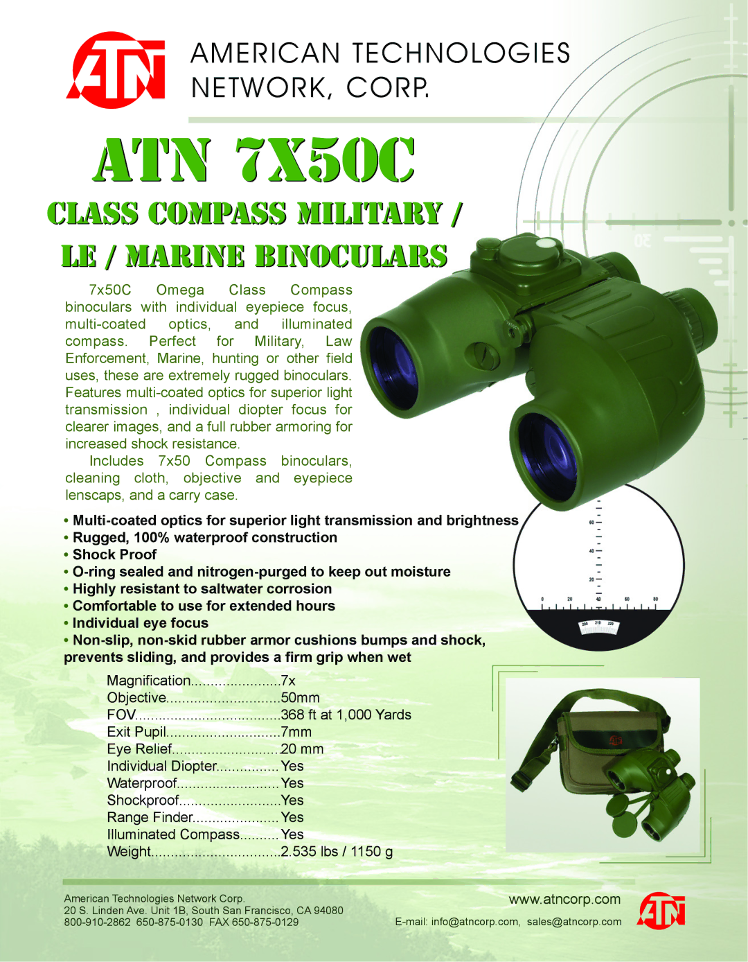 ATN ATN 7X50c manual ATN 7X50C, Class Compass Military LE / Marine Binoculars, Fov 