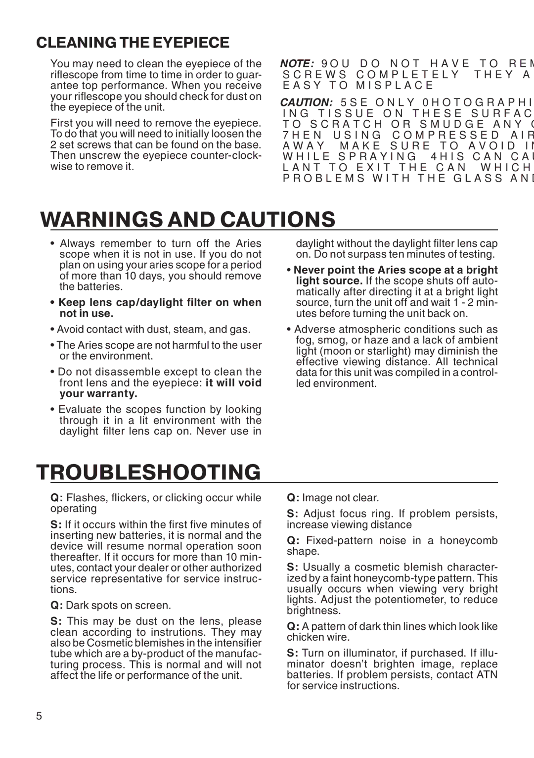 ATN ATN Aries 7900 manual Troubleshooting, Cleaning the Eyepiece 