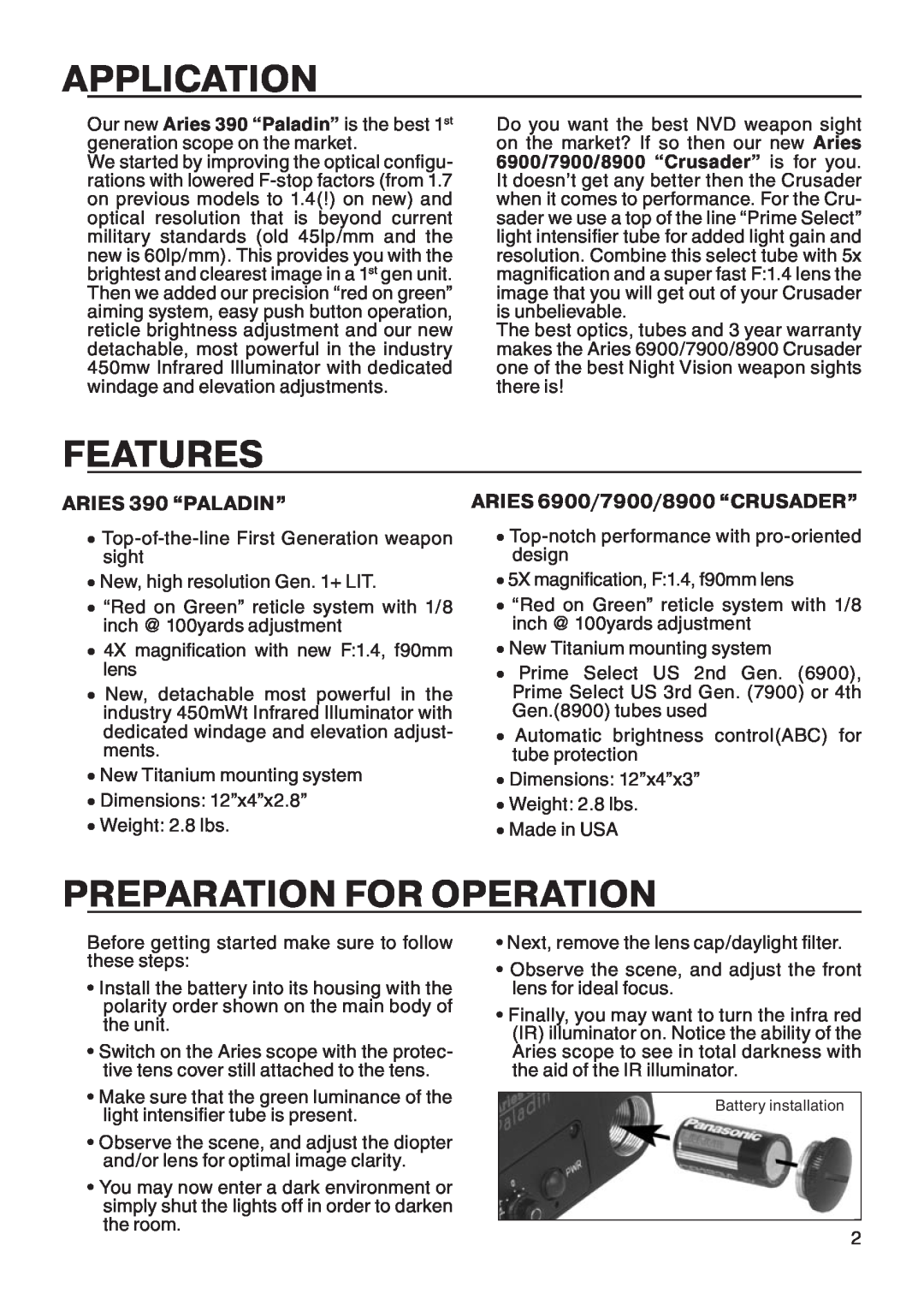 ATN ATN Aries 7900 Application, Features, Preparation For Operation, ARIES 390 “PALADIN”, ARIES 6900/7900/8900 “CRUSADER” 