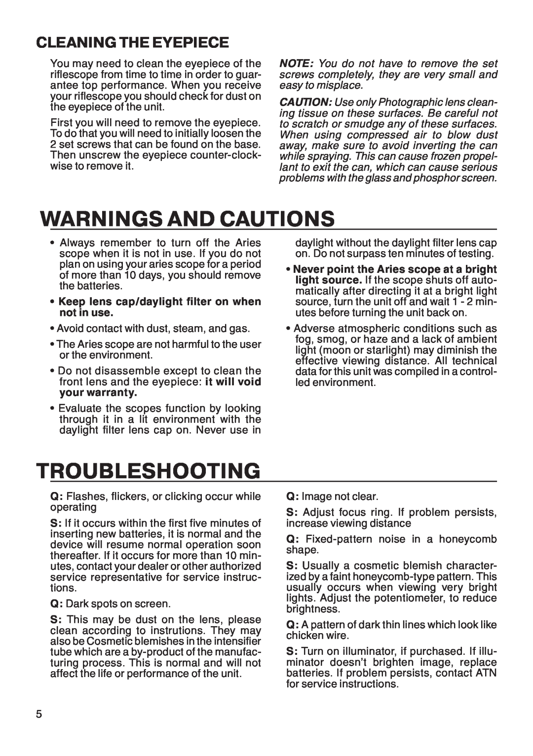 ATN ATN Aries 7900 manual Warnings And Cautions, Troubleshooting, Cleaning The Eyepiece 