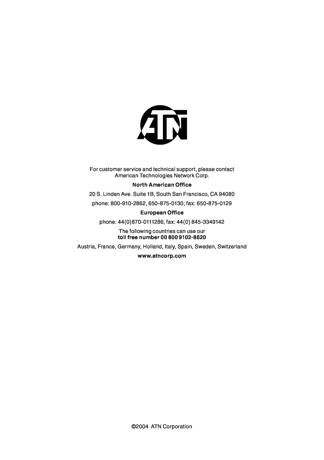 ATN ATN Aries 7900 manual For customer service and technical support, please contact, American Technologies Network Corp 