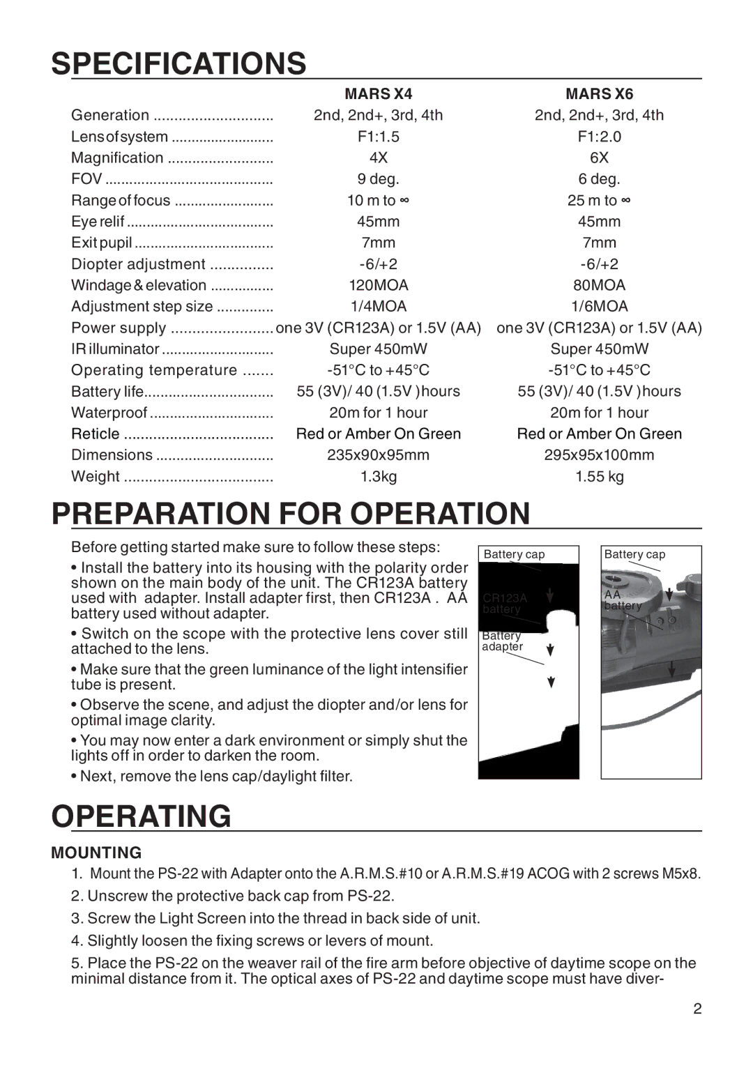 ATN ATN MArs x6, ATN MArs x4 manual Specifications, Preparation for operation, Mounting 