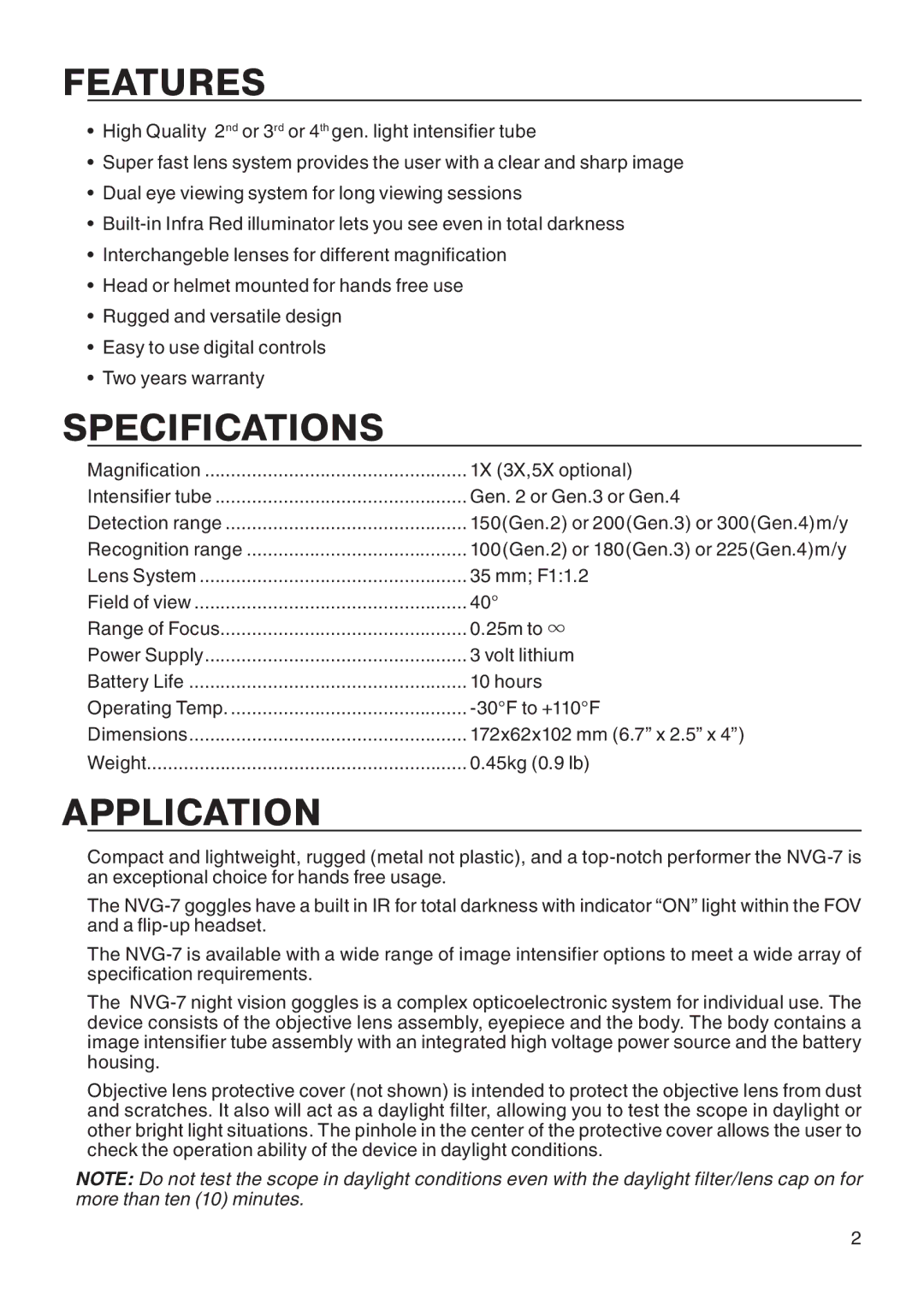 ATN ATN NVG7 manual , Specifications, Application 