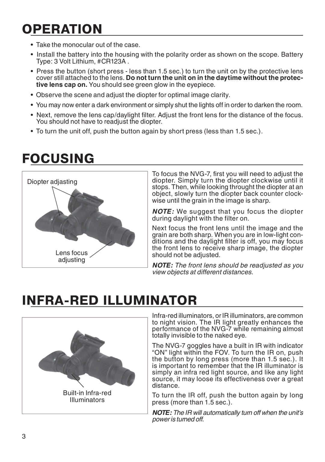 ATN ATN NVG7 manual Operation, Focusing, Infra-Red illuminator 