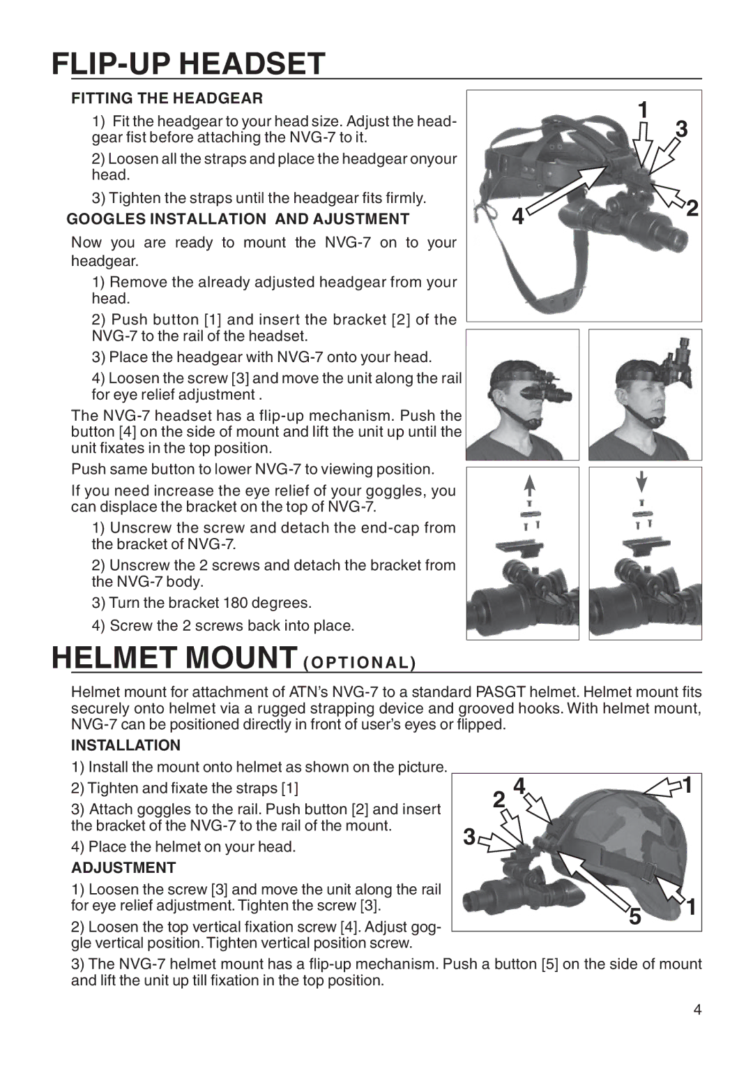 ATN ATN NVG7 manual Flipup headset, Helmet mount optional 