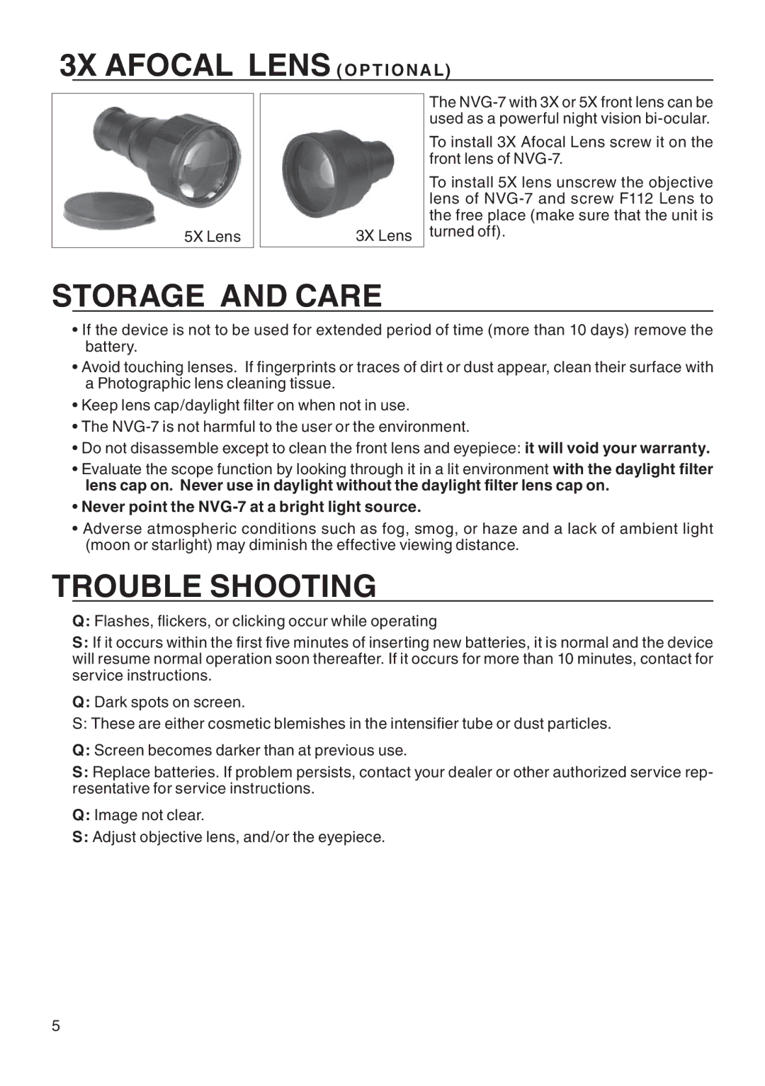 ATN ATN NVG7 manual Storage and care, Trouble Shooting, Never point the NVG-7 at a bright light source 