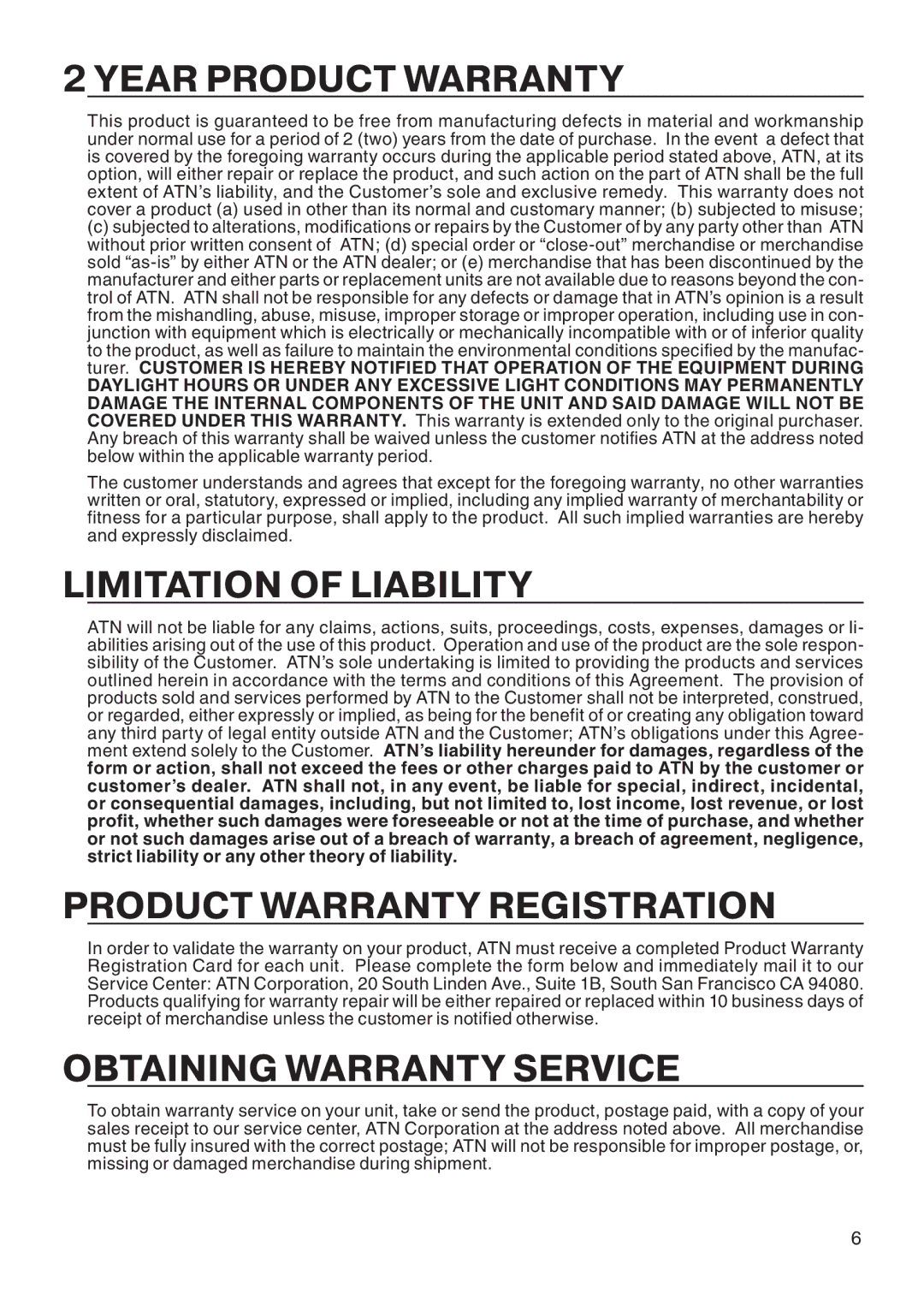 ATN ATN NVG7 Year product Warranty, Limitation of liability, Product warranty registration, Obtaining warranty service 