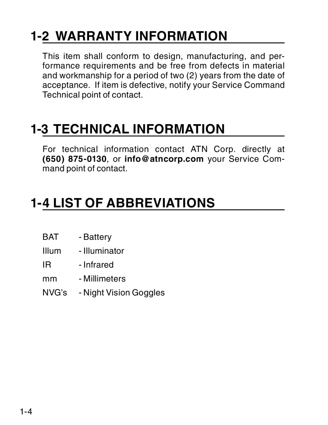 ATN ATN NVM14 manual Warranty Information, Technical Information, List of Abbreviations 