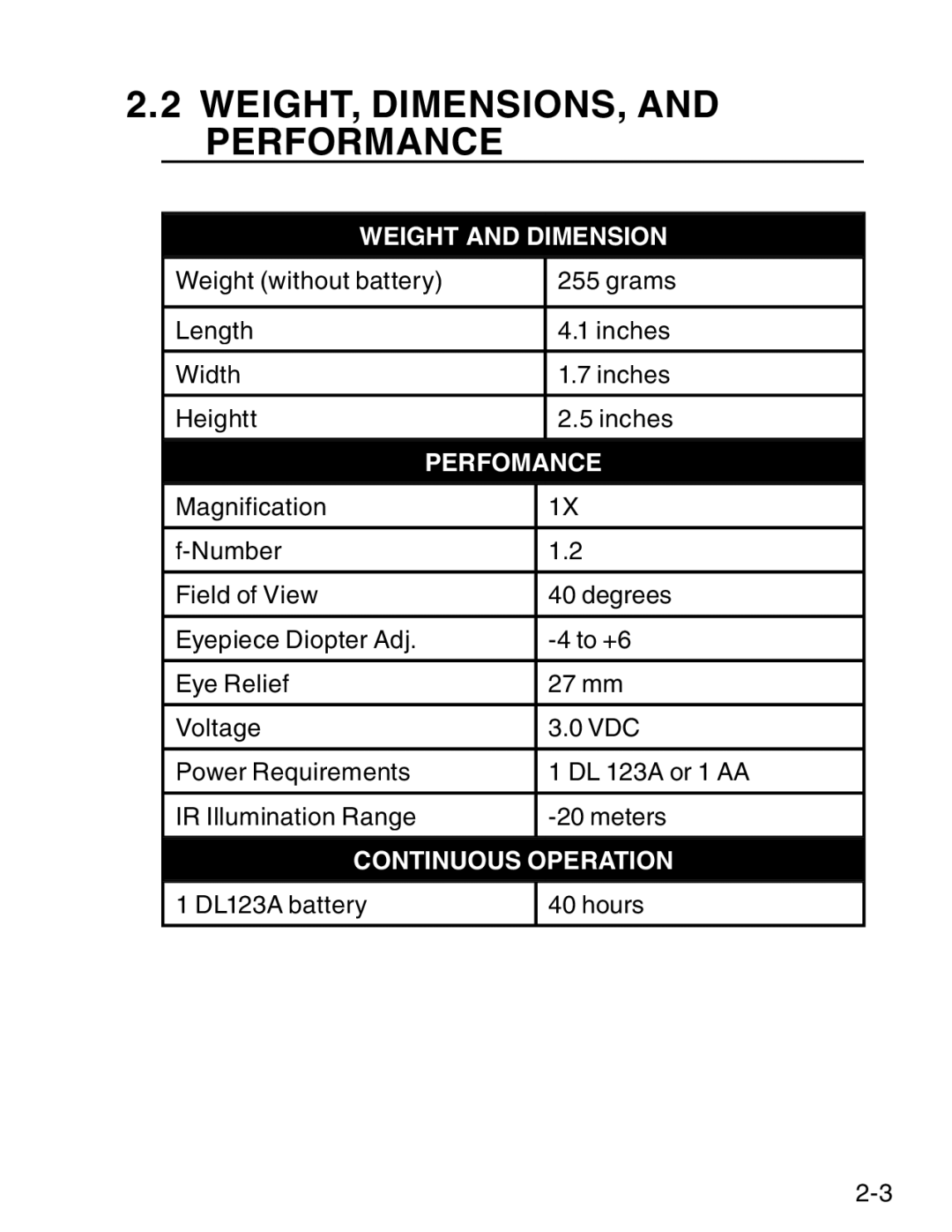 ATN ATN NVM14 manual WEIGHT, DIMENSIONS, and Performance, Perfomance 