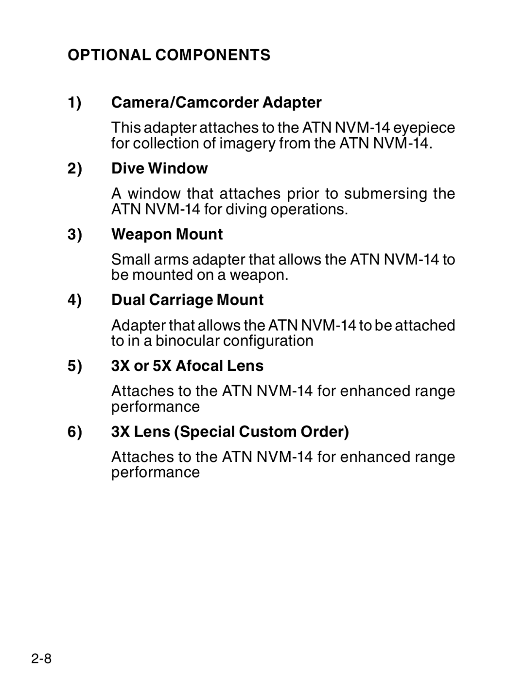 ATN ATN NVM14 manual Optional Components, Camera/Camcorder Adapter 