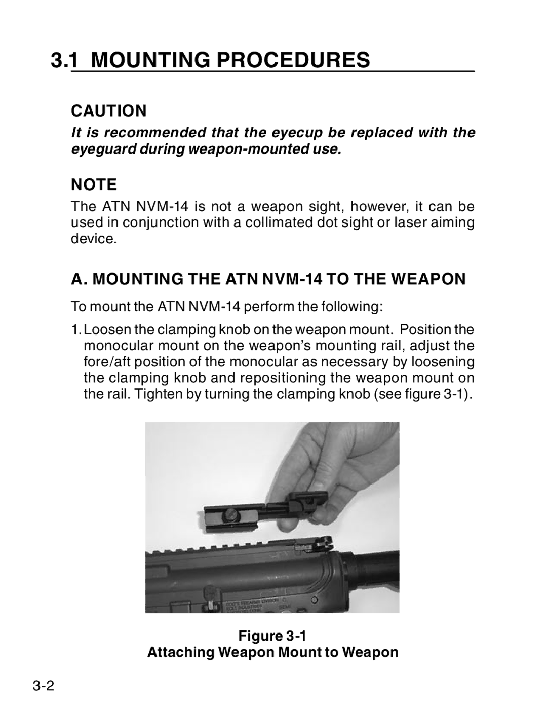 ATN ATN NVM14 manual Mounting Procedures, Mounting the ATN NVM-14 to the Weapon, Attaching Weapon Mount to Weapon 