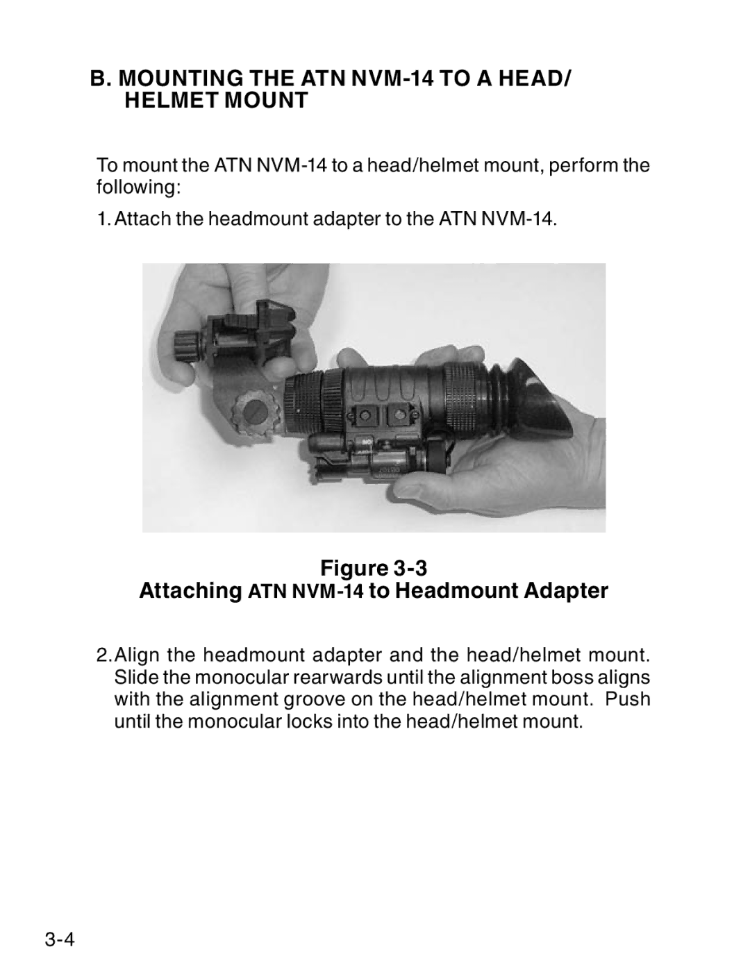 ATN ATN NVM14 manual Mounting the ATN NVM-14 to a HEAD/ Helmet Mount, Attaching ATN NVM-14to Headmount Adapter 