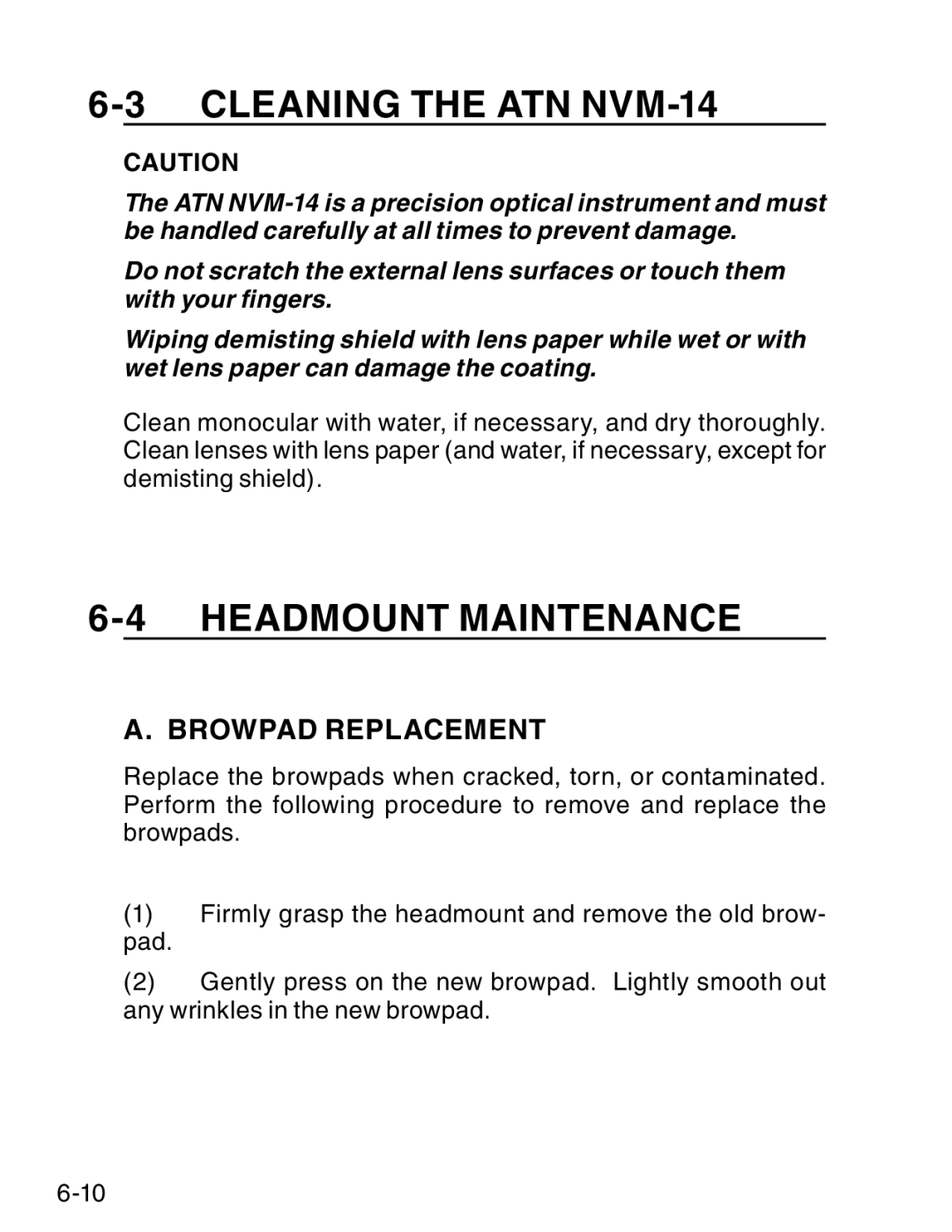 ATN ATN NVM14 manual Cleaning the ATN NVM-14, Headmount Maintenance, Browpad Replacement 