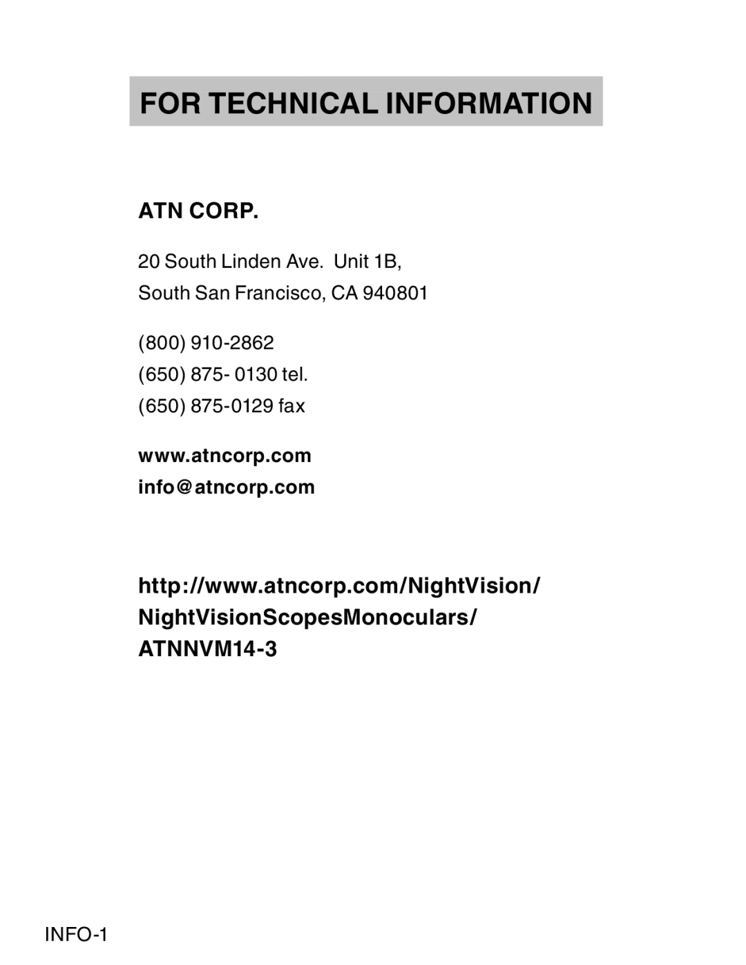 ATN ATN NVM14 manual For Technical Information, ATN Corp, ATNNVM14-3, Info@atncorp.com 