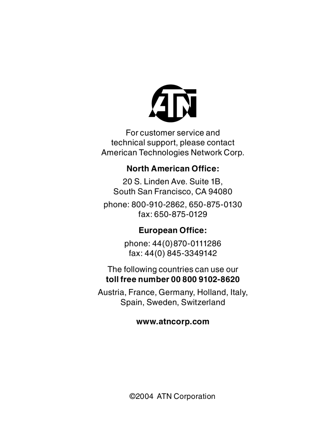 ATN ATN NVM14 manual North American Office 