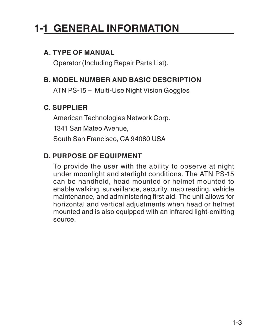 ATN ATN PS-15 General Information, Type of Manual, Model Number and basic description, Supplier, Purpose of Equipment 