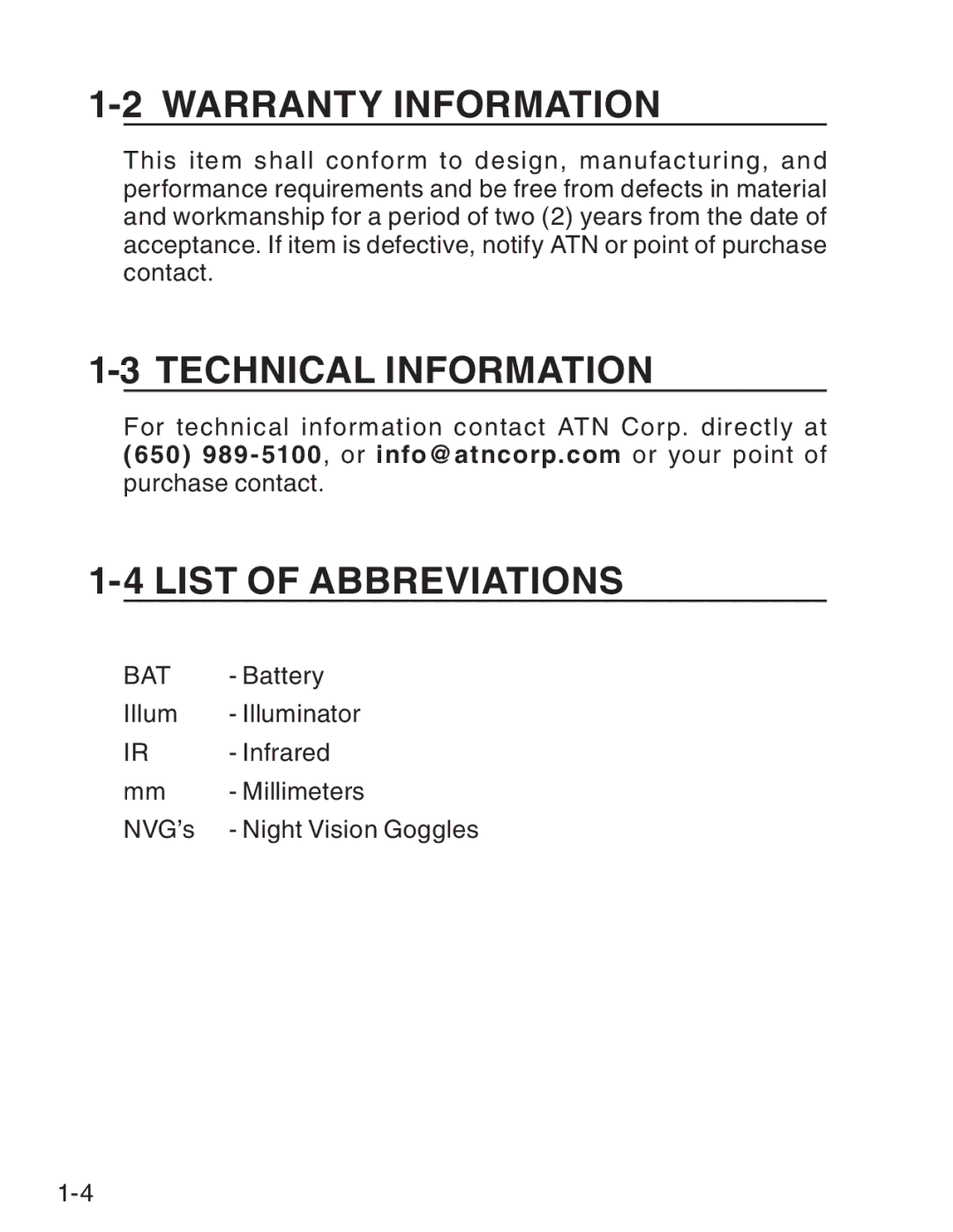 ATN ATN PS-15 manual Warranty Information, Technical Information, List of Abbreviations 