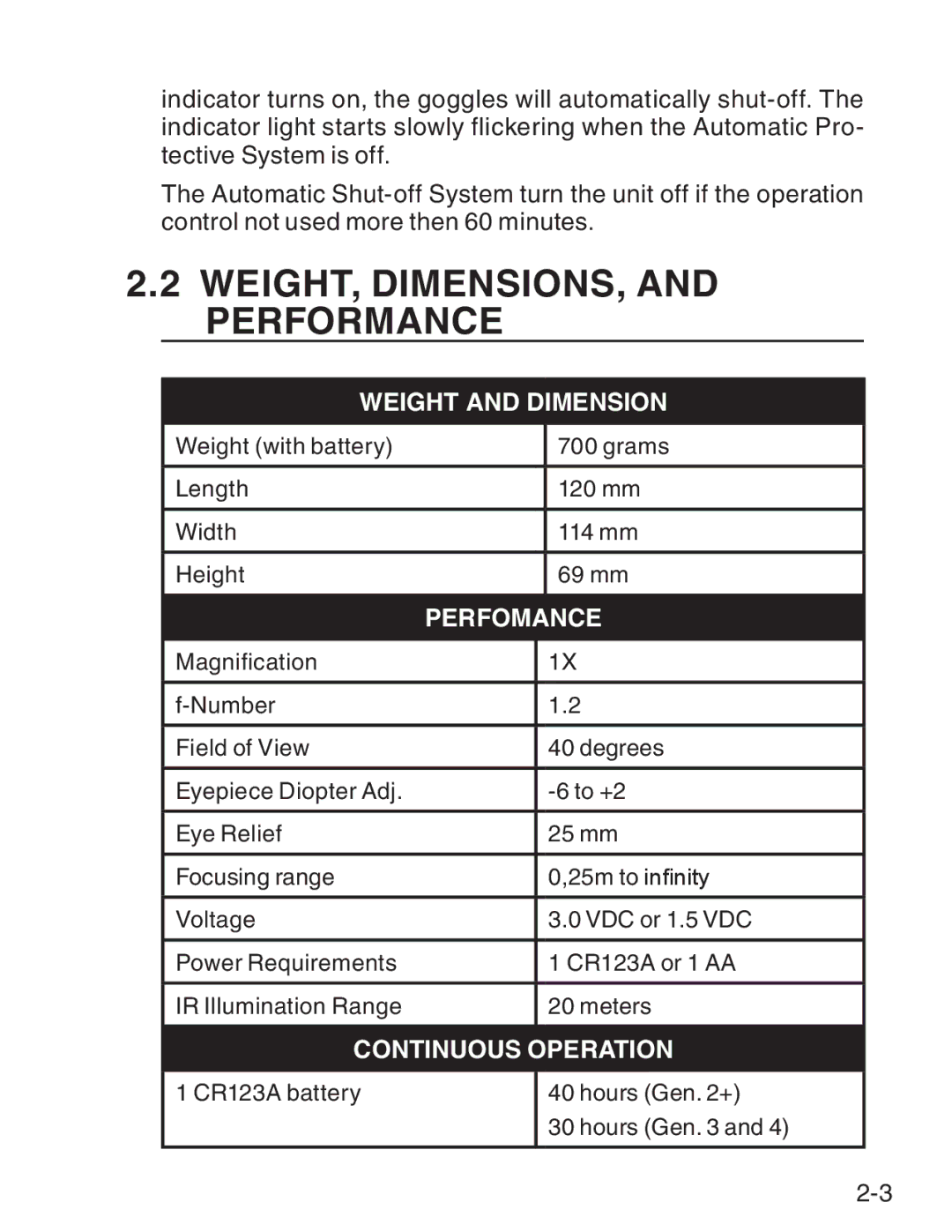 ATN ATN PS-15 manual WEIGHT, DIMENSIONS, and Performance, Perfomance 