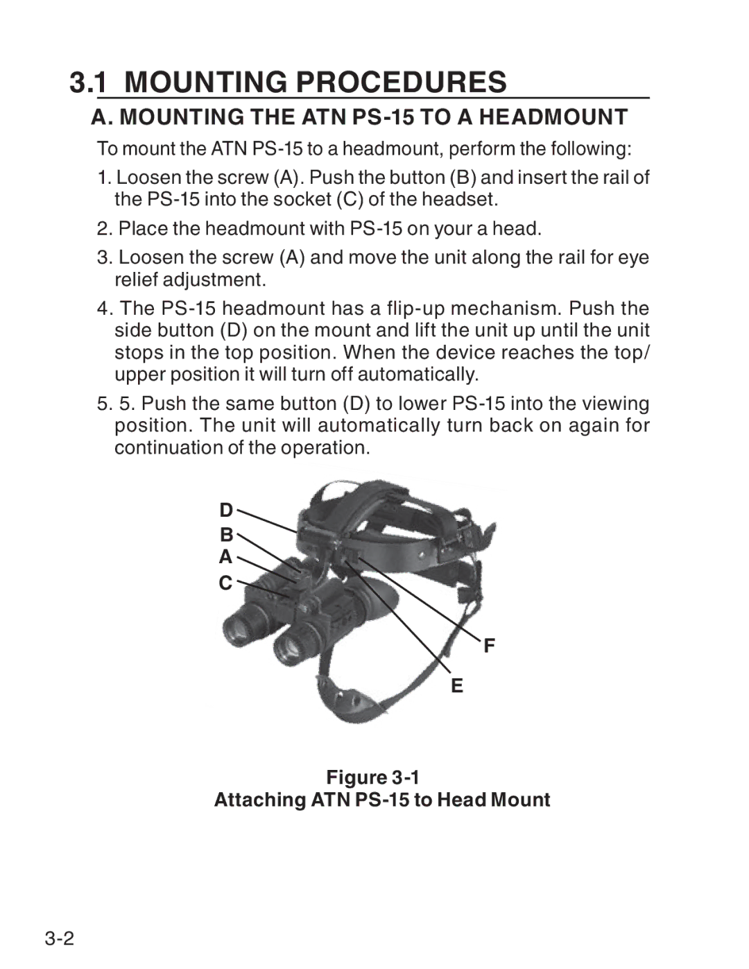 ATN manual Mounting Procedures, Mounting the ATN PS-15 to a HeadMount, Attaching ATN PS-15 to Head Mount 