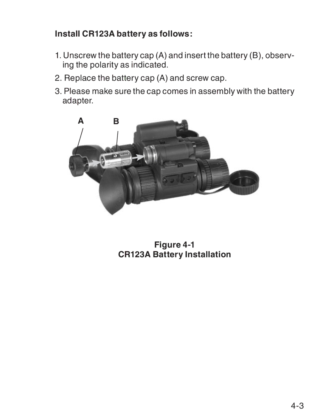 ATN ATN PS-15 manual Install CR123A battery as follows, CR123A Battery Installation 