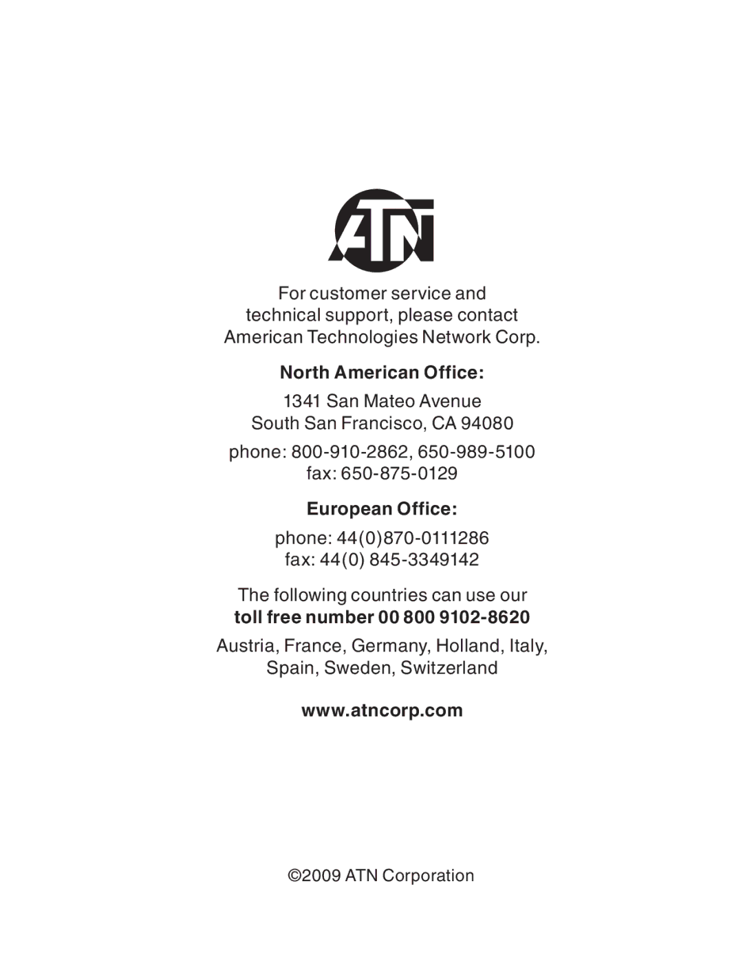 ATN ATN PS-15 manual North American Office 