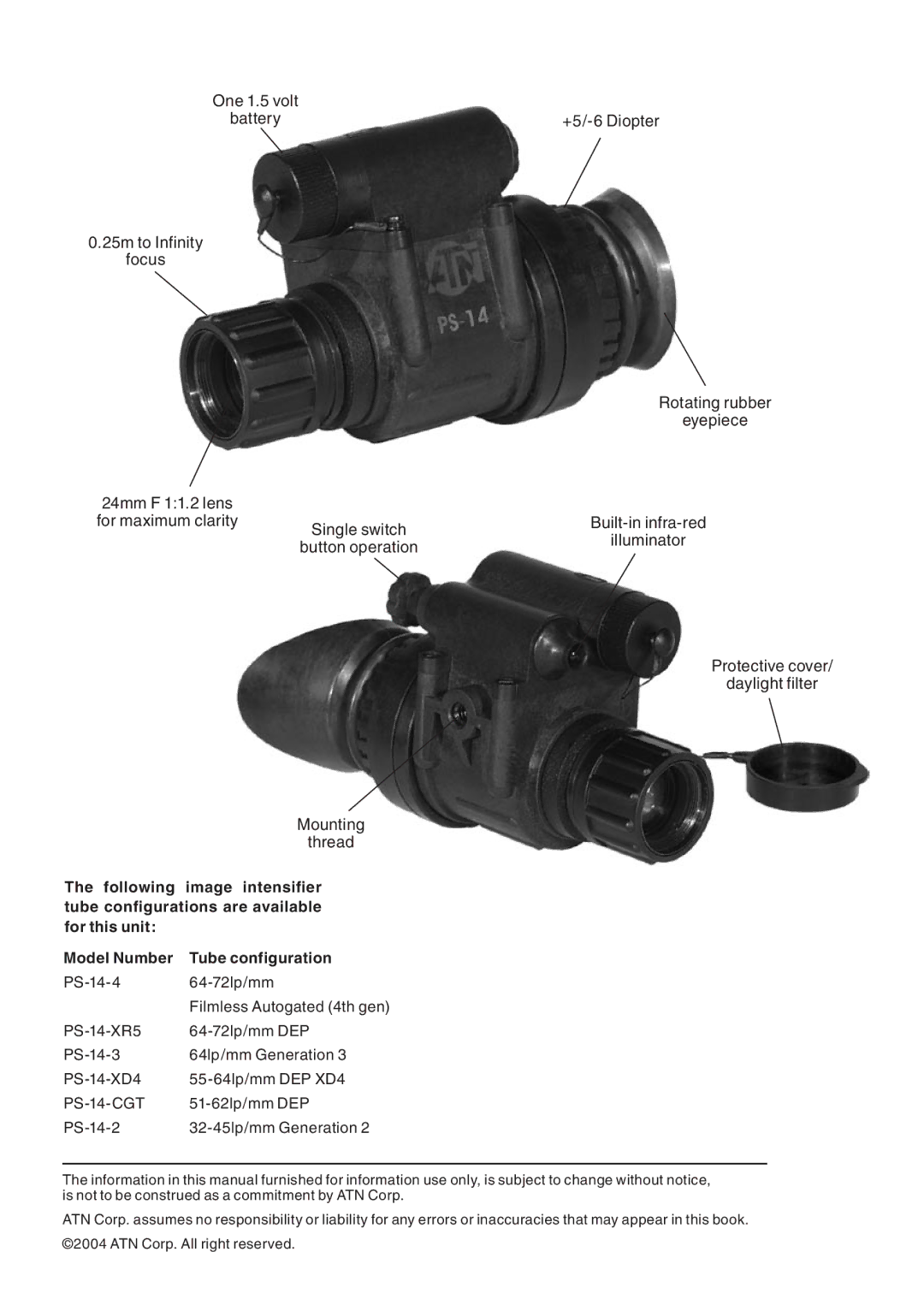 ATN ATN PS14 manual 25m to Infinity Focus Rotating rubber Eyepiece 