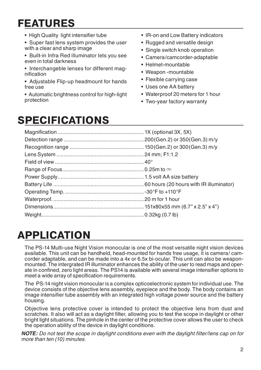 ATN ATN PS14 manual Features, Specifications, Application 