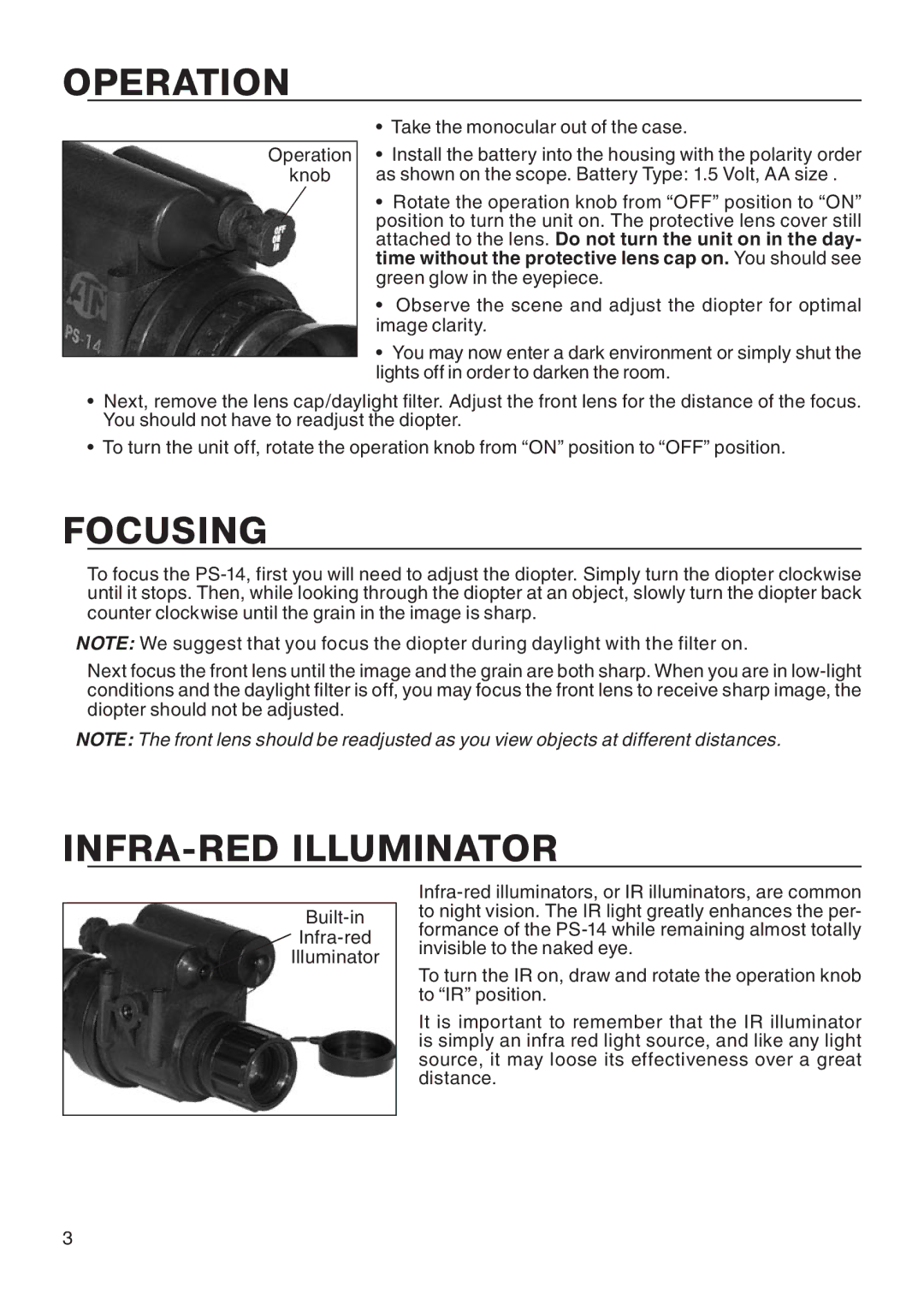 ATN ATN PS14 manual Operation, Focusing, INFRA-RED Illuminator 